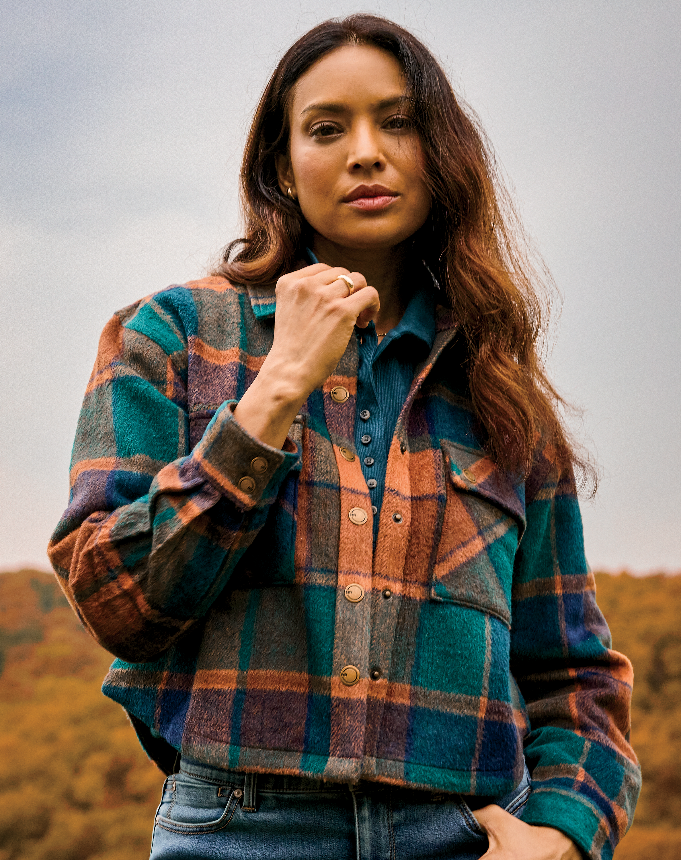 NATURAL REFLECTIONS Plaid Button-Down Long-Sleeve Shirt Jacket for Ladies