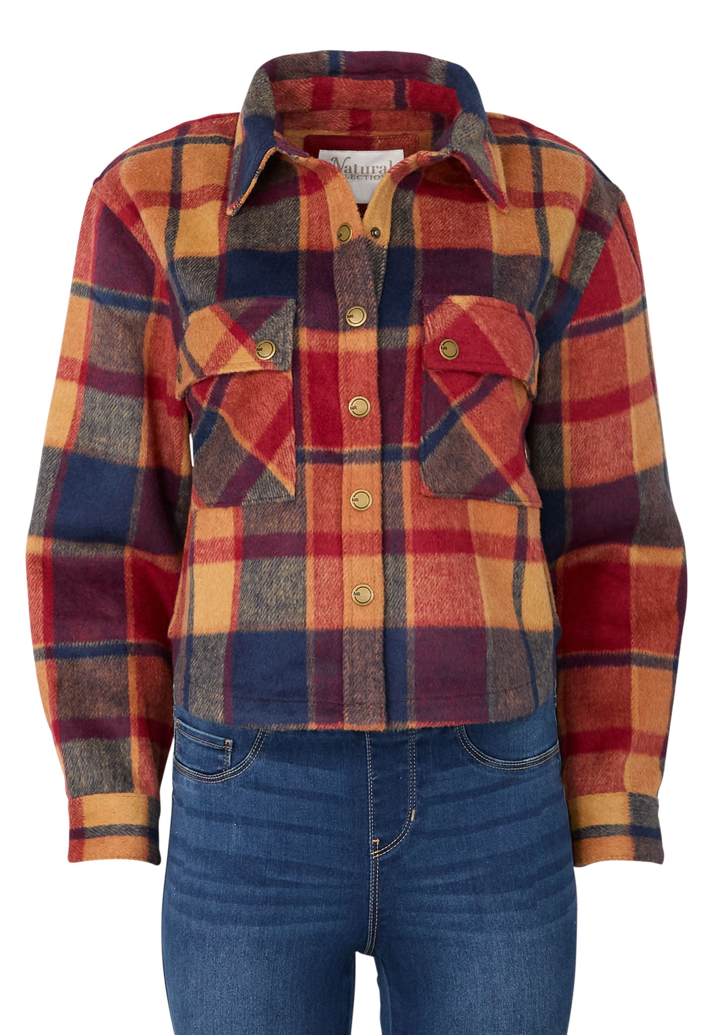 Image of Natural Reflections Plaid Button-Down Long-Sleeve Shirt Jacket for Ladies - Red Cinnamon Plaid - S