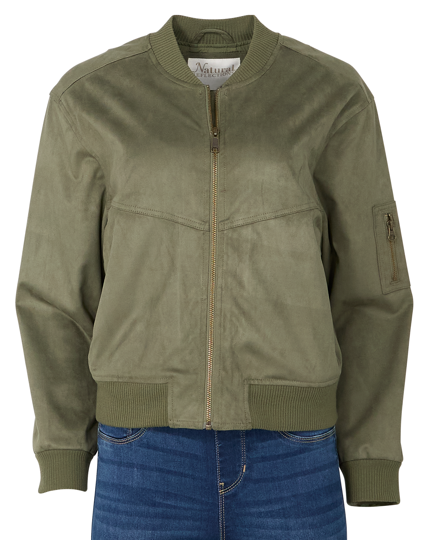 Image of Natural Reflections Faux-Suede Bomber Jacket for Ladies - Dusty Olive - M