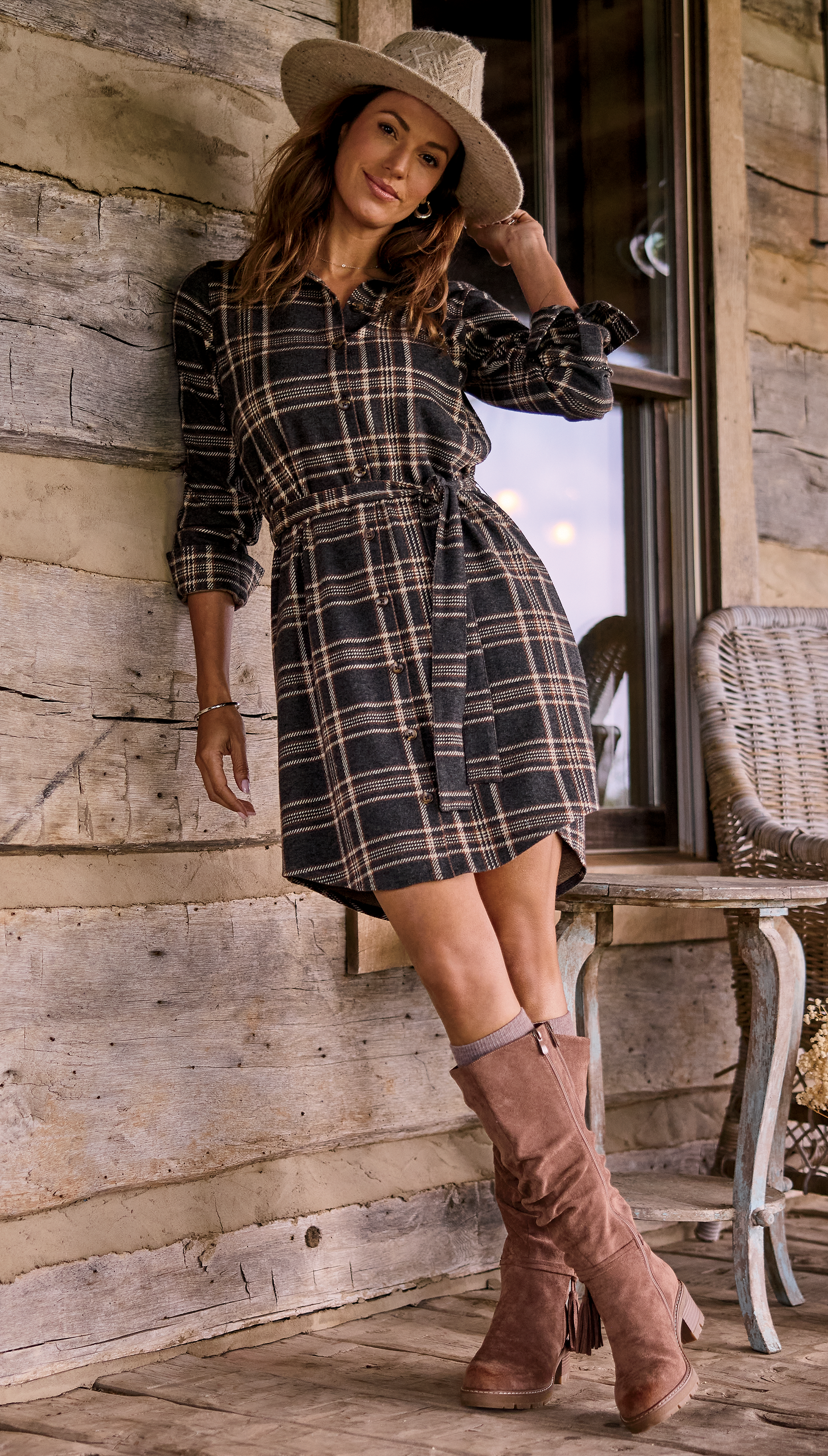 Image of Natural Reflections River Basin Shirt Dress - Moonless Night Plaid