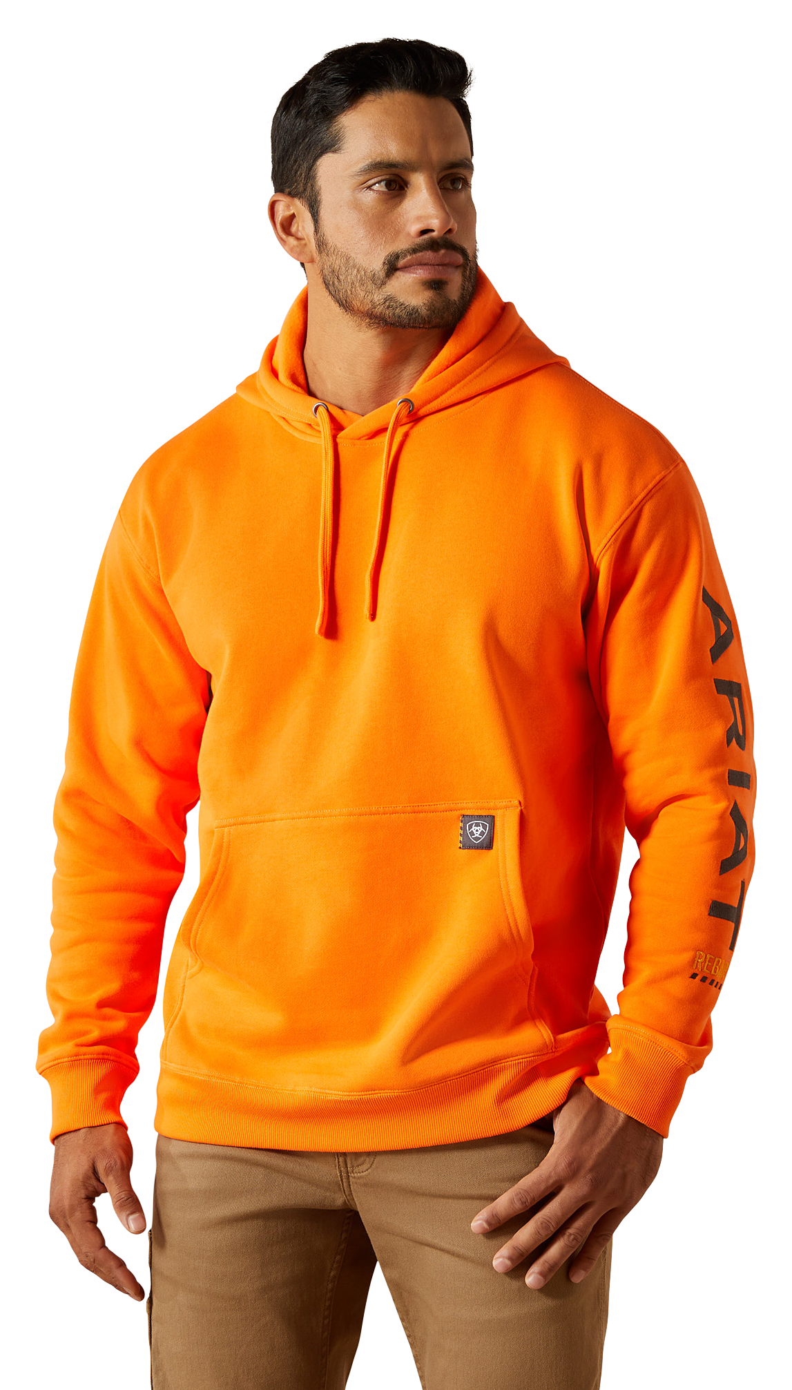 Image of Ariat Rebar Graphic Long-Sleeve Hoodie for Men - Safety Orange/Rebar Grey - L