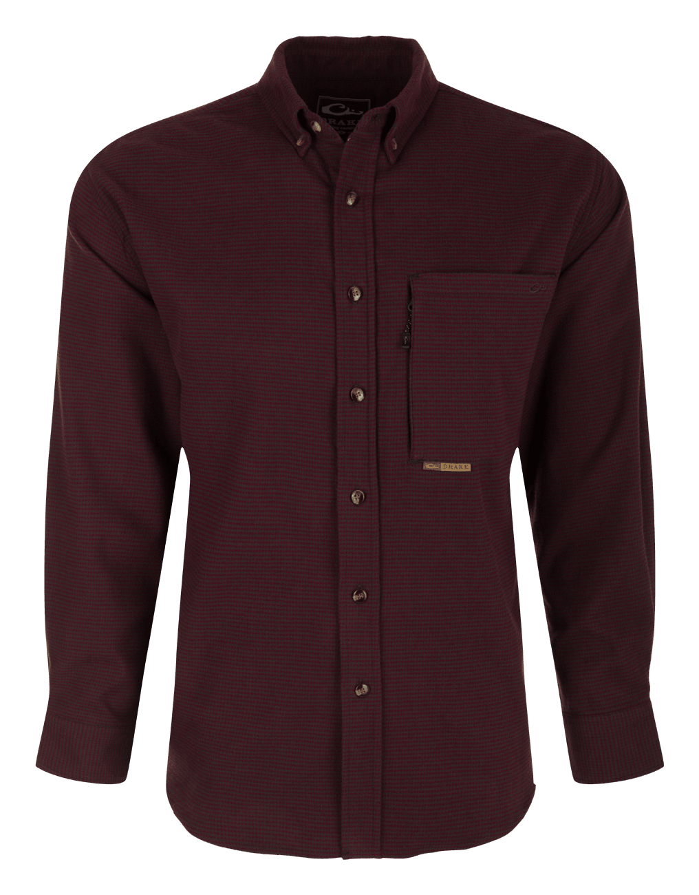 Image of Drake Waterfowl Autumn Brushed-Twill Houndstooth Long-Sleeve Shirt for Men - Windsor Wine - XL