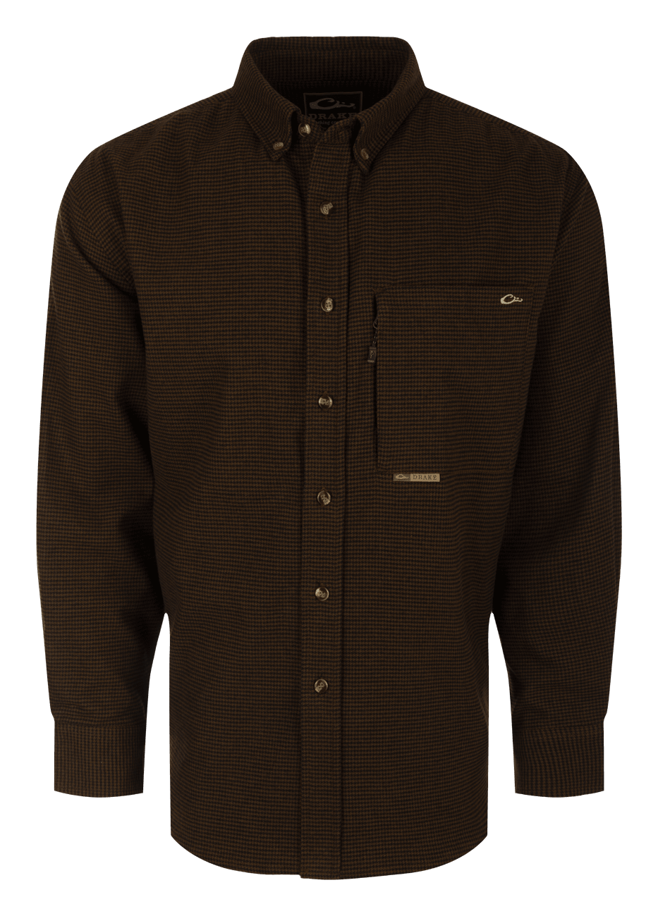 Image of Drake Waterfowl Autumn Brushed-Twill Houndstooth Long-Sleeve Shirt for Men - Caviar Black - S