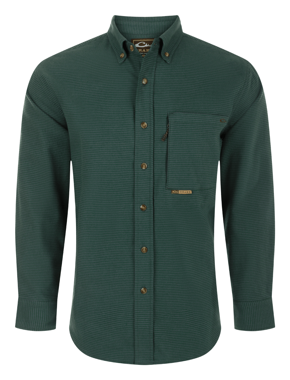 Image of Drake Waterfowl Autumn Brushed-Twill Houndstooth Long-Sleeve Shirt for Men - Pine Needle - S
