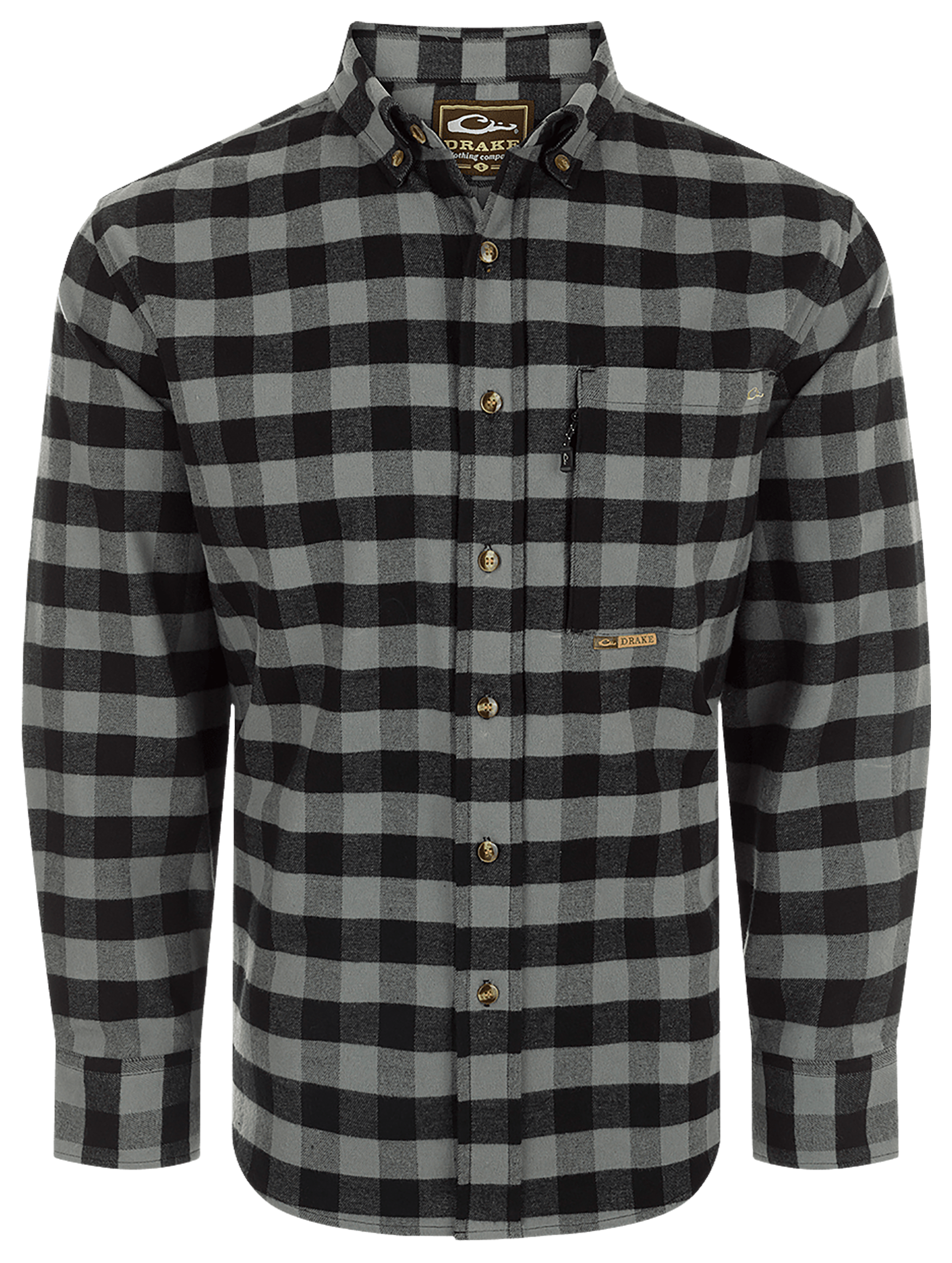 Image of Drake Waterfowl Autumn Brushed-Twill Buffalo Plaid Long-Sleeve Shirt for Men - Monument Gray - M