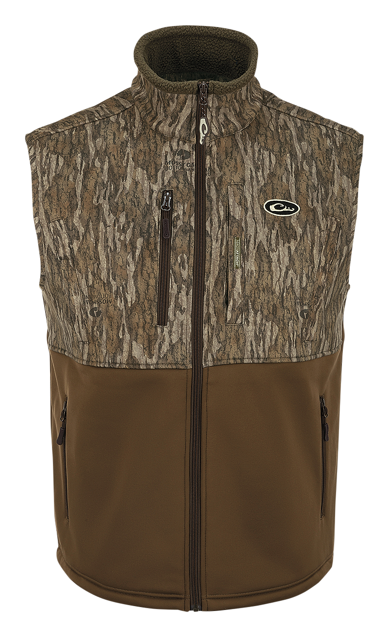 Image of Drake Waterfowl MST Hole Shot Hooded Windproof Eqwader Vest for Men - Mossy Oak Bottomland - XL