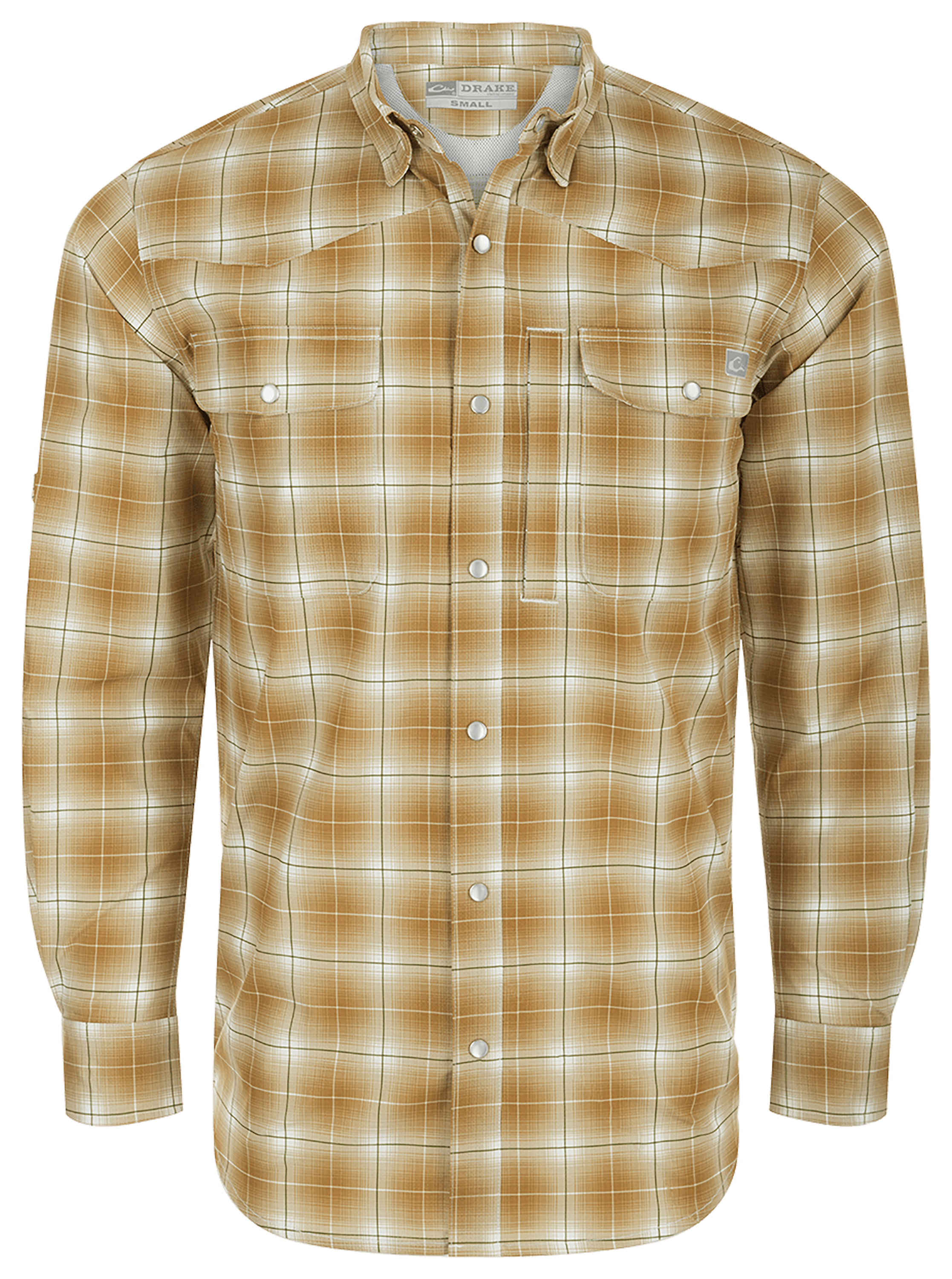 Image of Drake Waterfowl Cinco Ranch Western Fall Plaid Long-Sleeve Shirt for Men - Medal Bronze - M