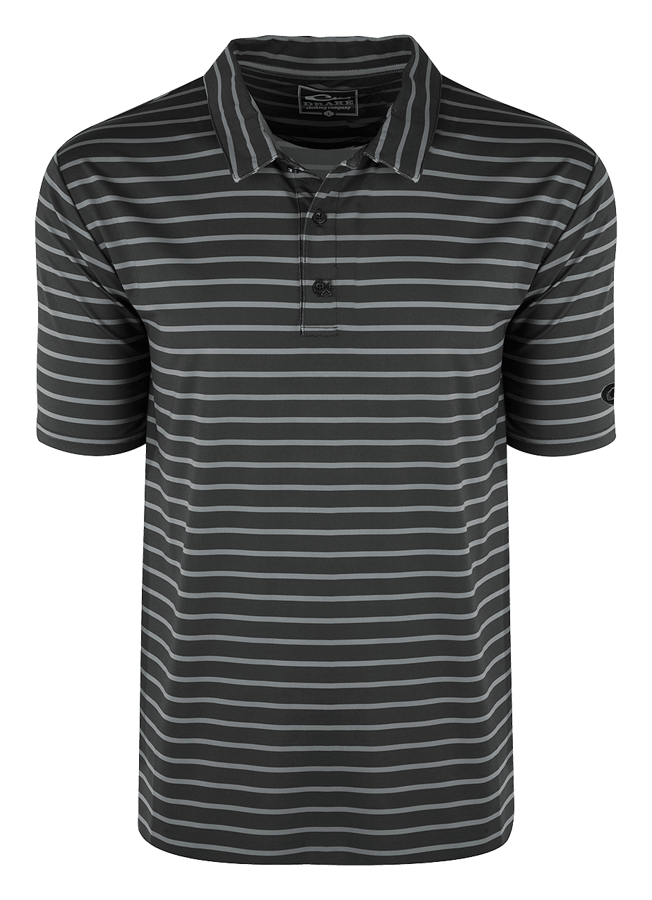 Image of Drake Waterfowl Performance Stretch Striped Short-Sleeve Polo for Men - Caviar Black/Castlerock - M