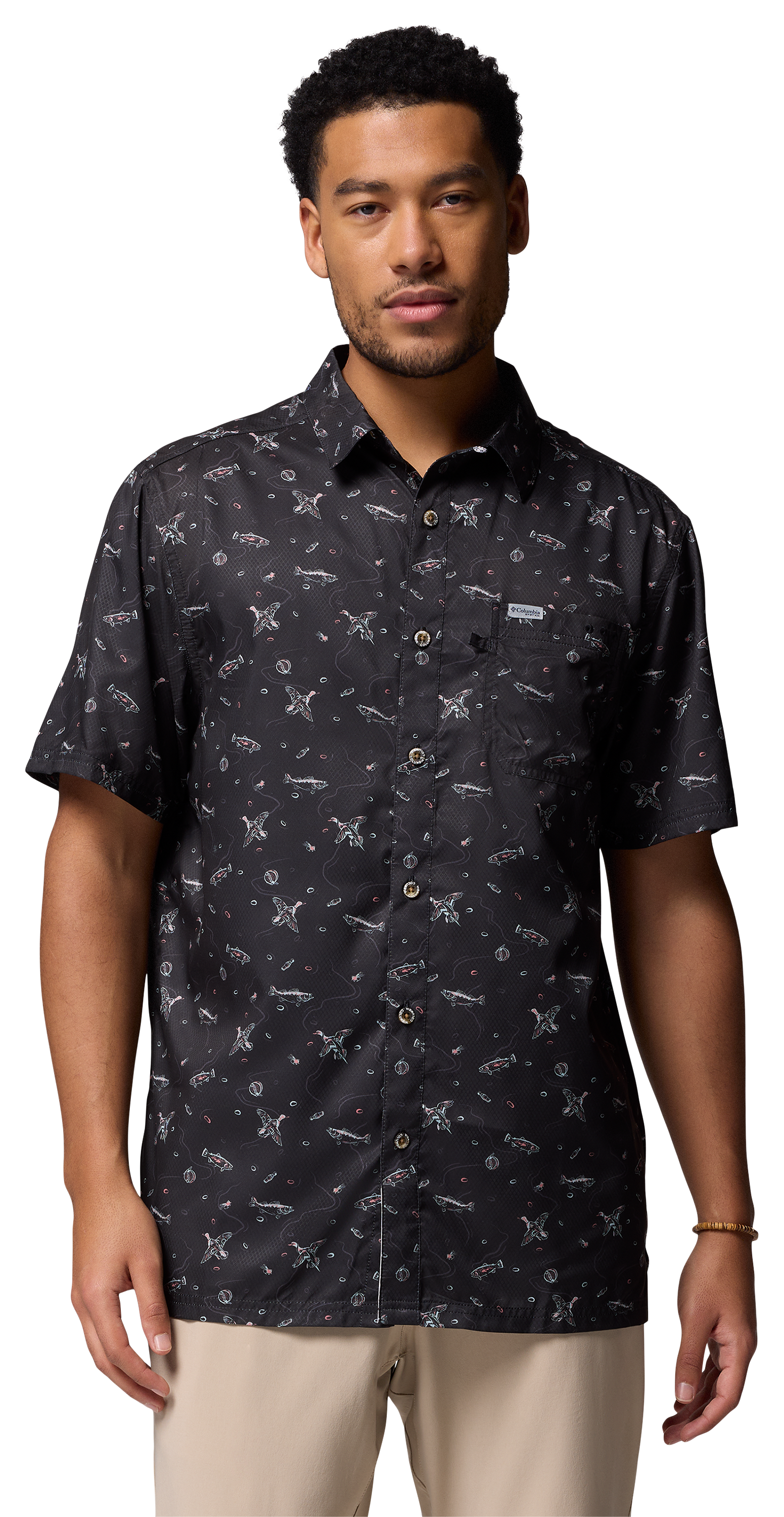 Image of Columbia Super Slack Tide Camp Short-Sleeve Button-Down Shirt - Black Fish Hunt - L