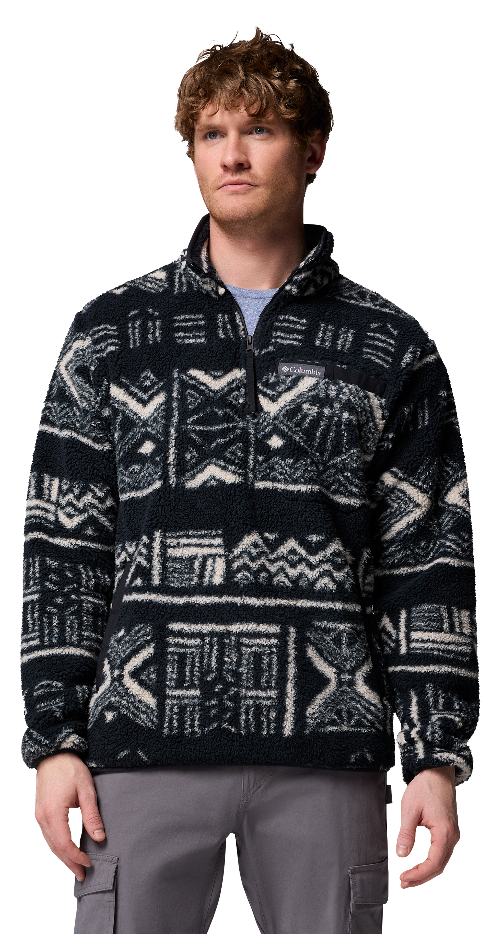 Image of Columbia Rugged Ridge High Pile Half-Zip Pullover for Men - Black Deschutes Days - S