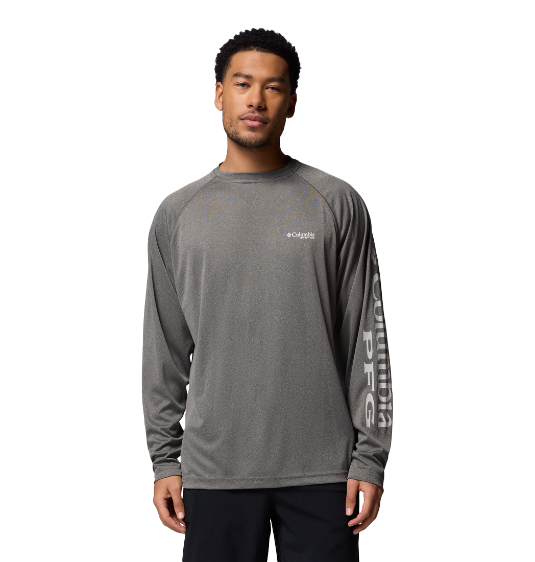 Image of Columbia PFG Terminal Tackle Long-Sleeve T-Shirt - Charcoal Heather/Cool Grey Logo