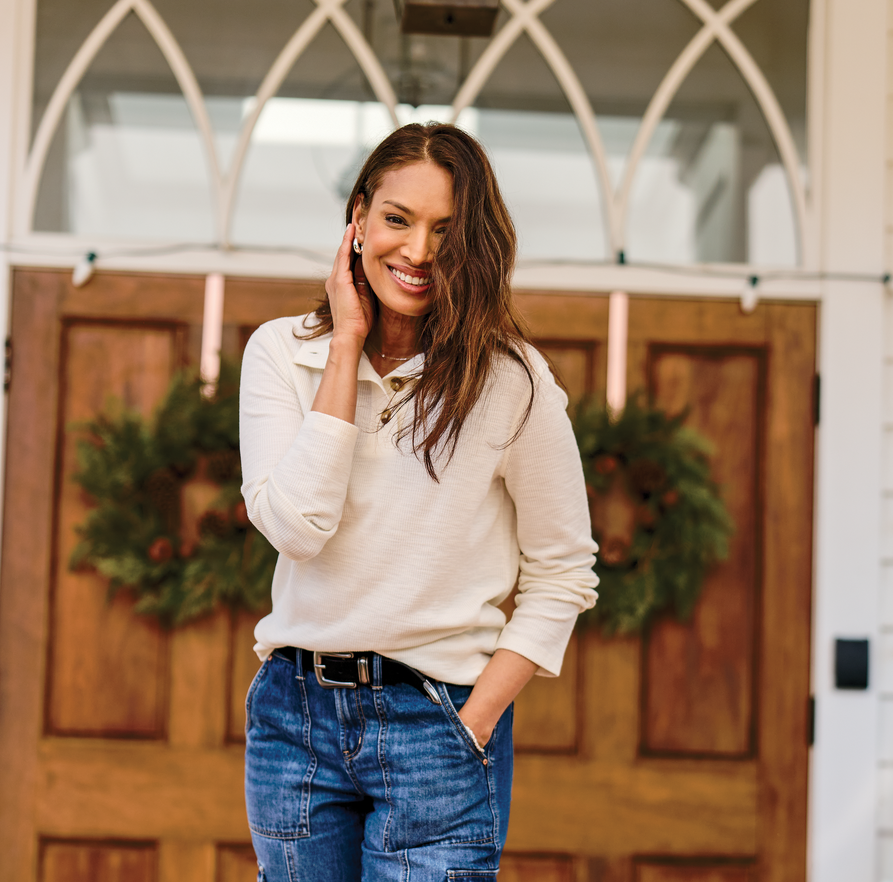 Image of Natural Reflections Waffle Mock-Neck Sweatshirt - Egret