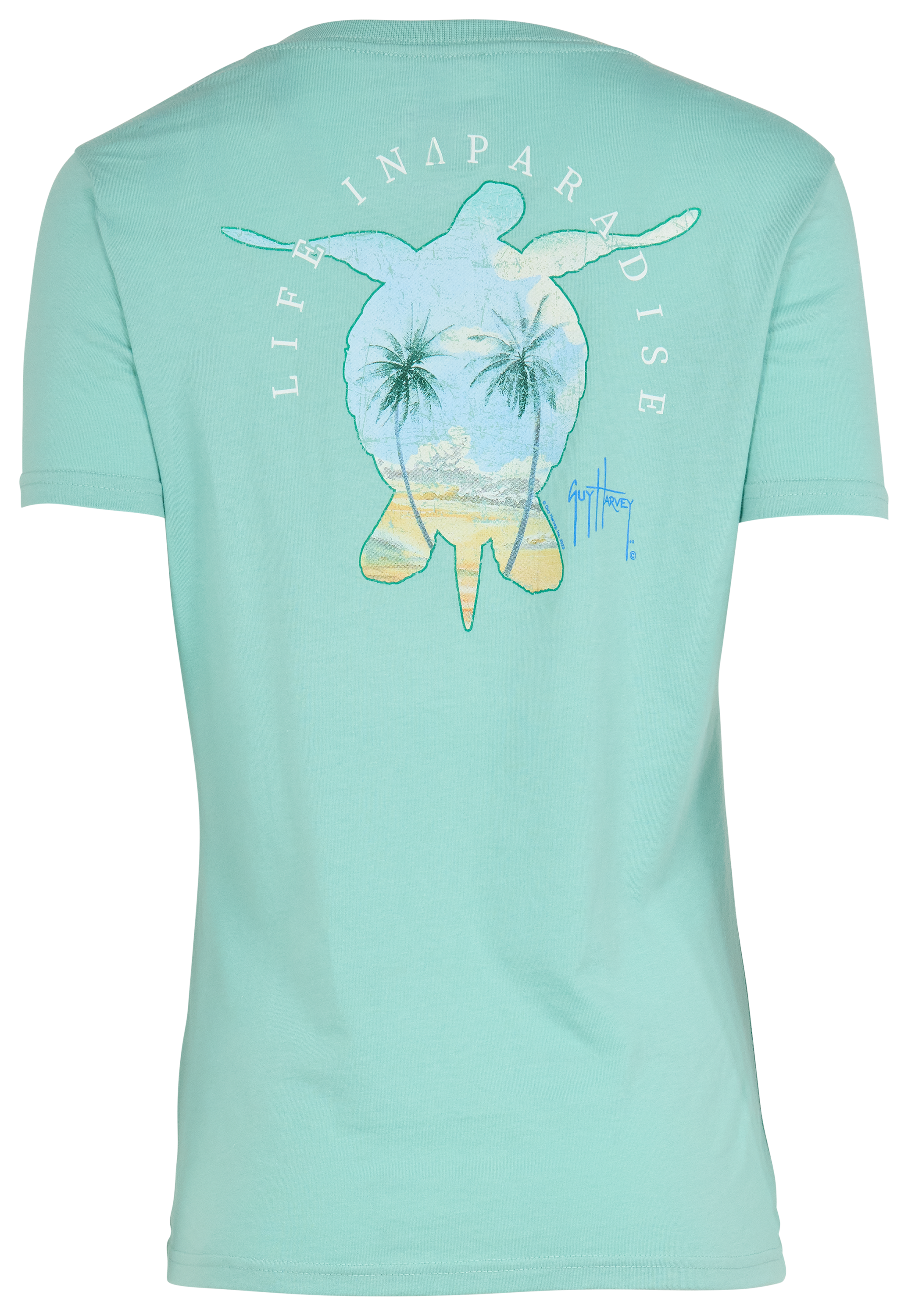 Image of Guy Harvey Paradise Turtle V-Neck T-Shirt - Aqua Haze - XXL