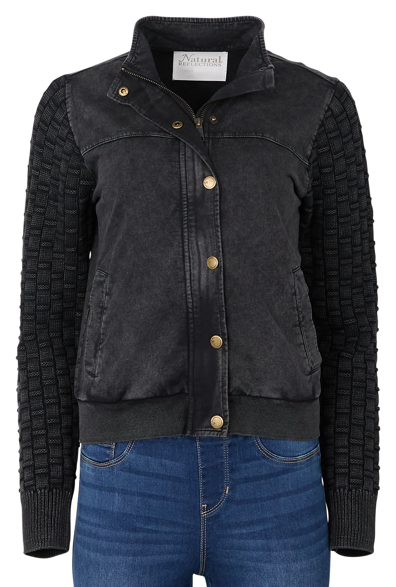 Image of Natural Reflections Acid-Wash Sweater Bomber Jacket for Ladies - Midnight - XL