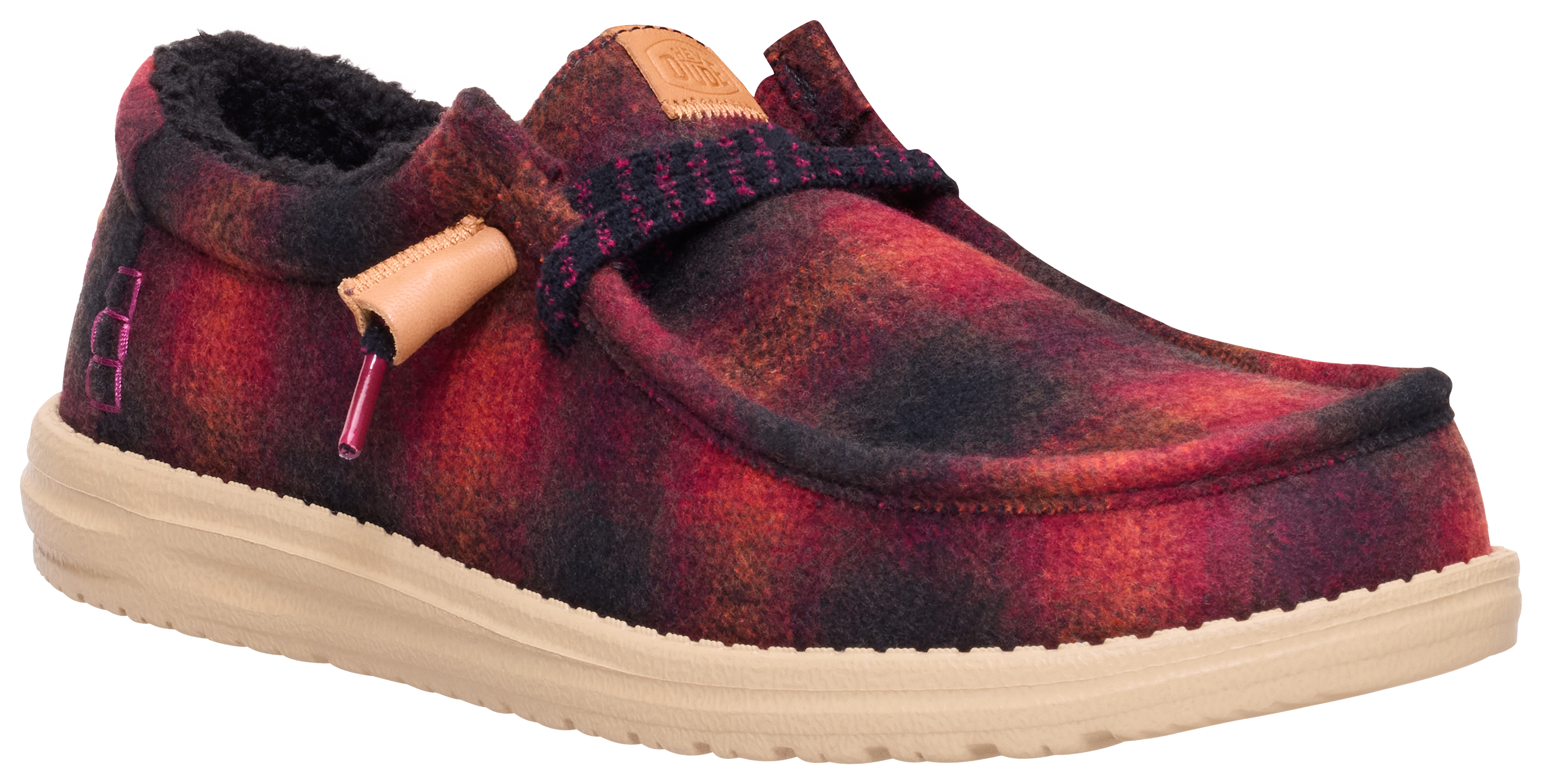 Image of HEYDUDE Wally Plaid Cozy Casual Shoes for Men - Red/Black - 10M
