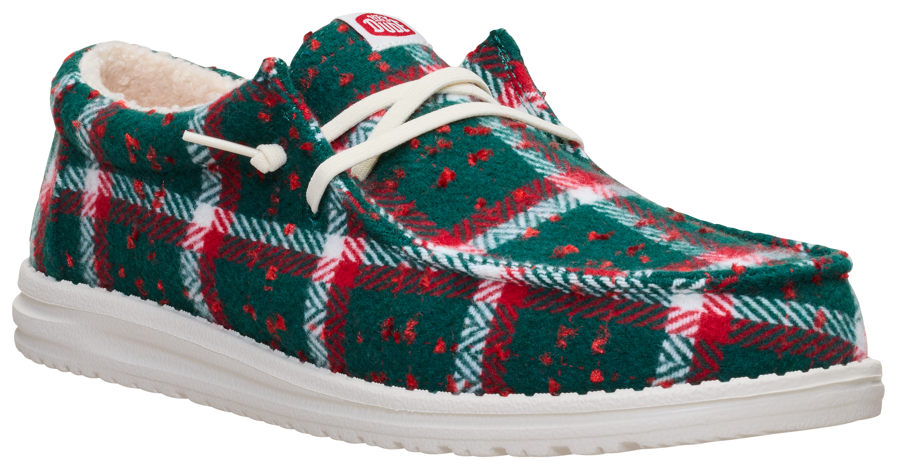 Image of HEYDUDE Wally Confetti Plaid Cozy Shoes for Men - Red/Green Multi
