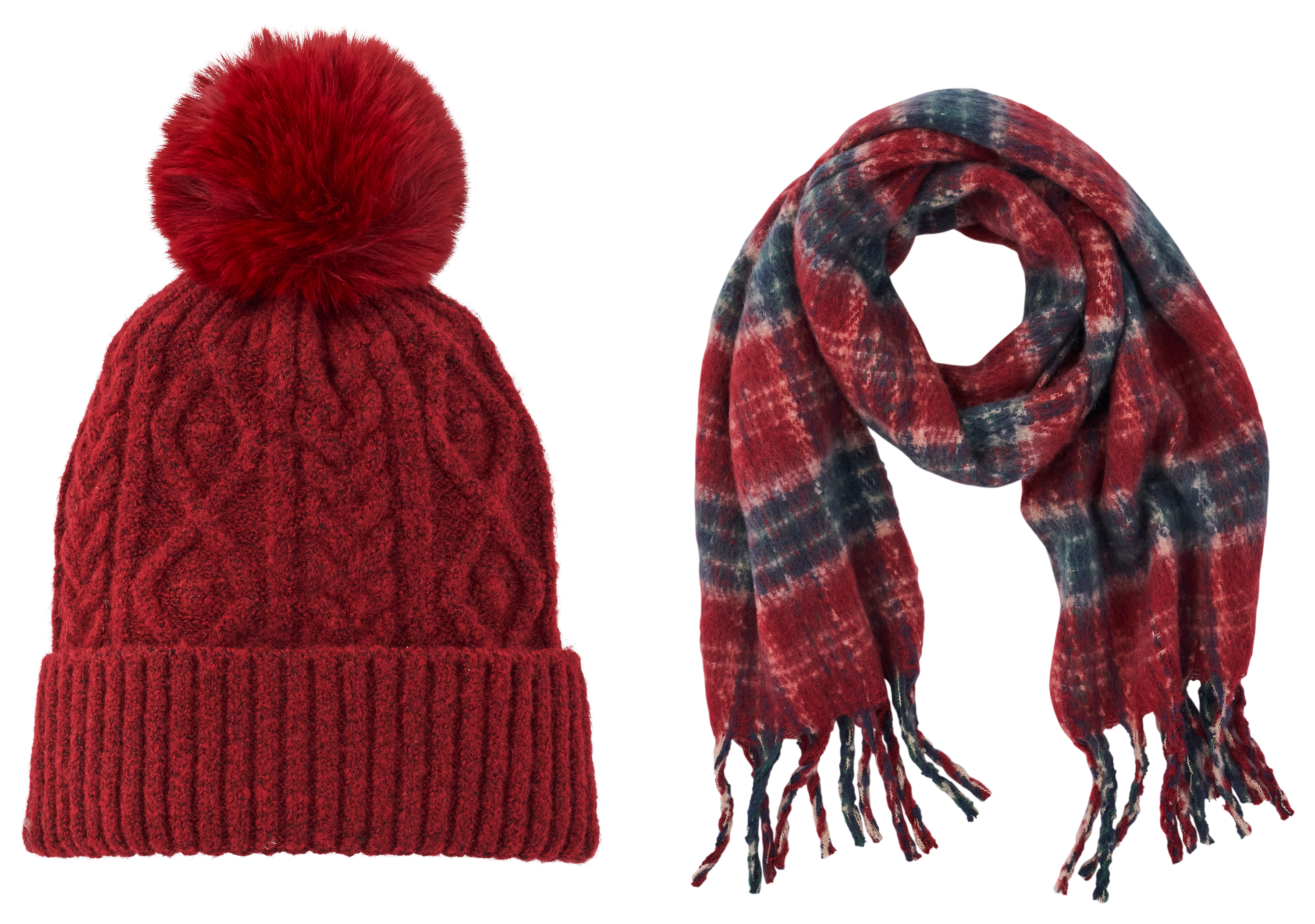 Image of Natural Reflections Fringe Scarf and Beanie for Ladies - Biking Red