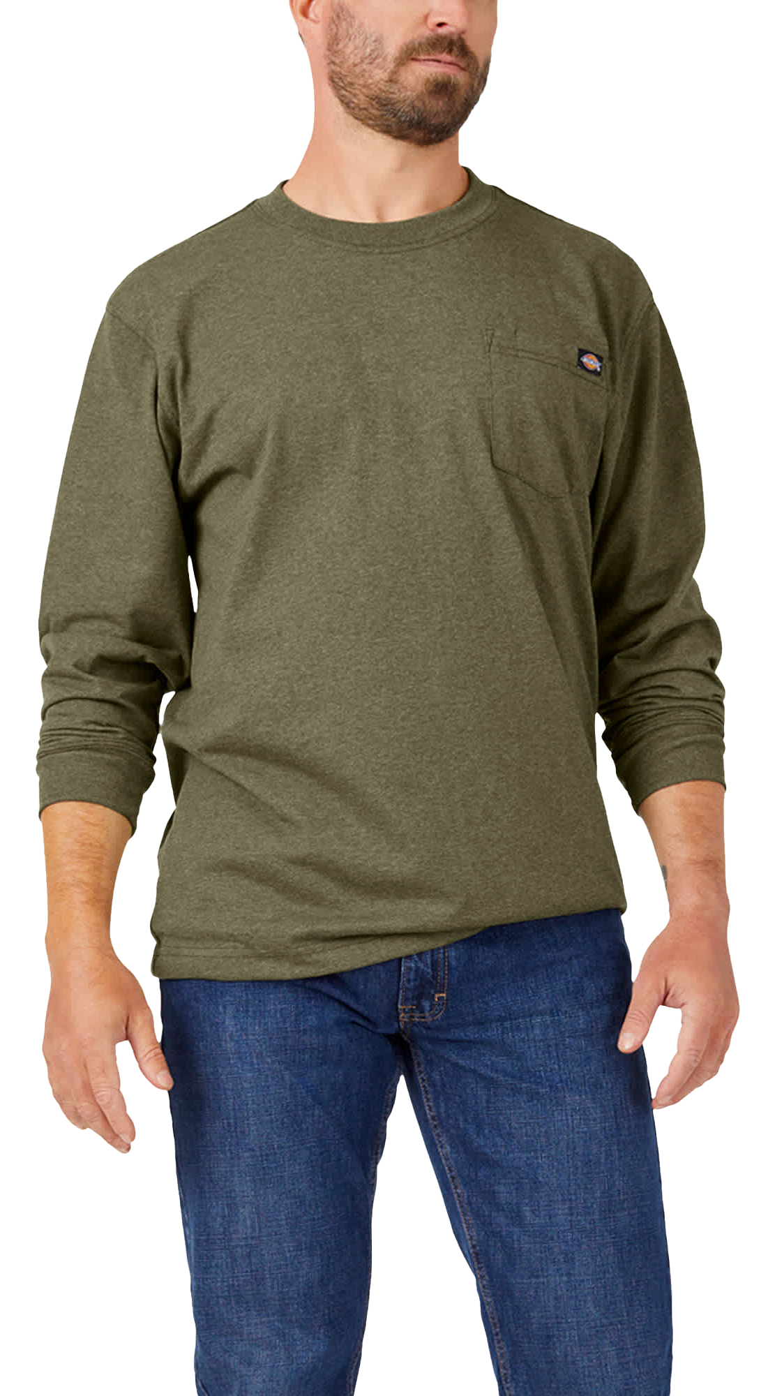 Image of Dickies Heavyweight Long-Sleeve Pocket T-Shirt for Men - Military Green Single Dye Heather