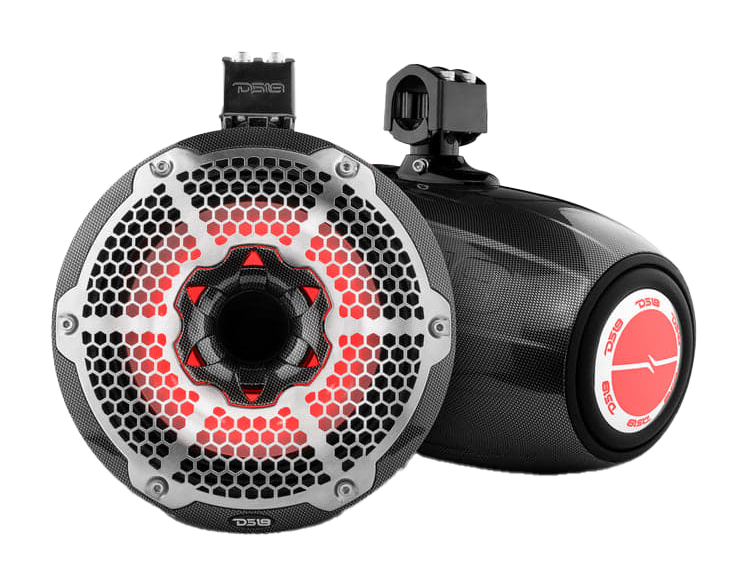 Image of DS18 NXL 10'' Neodymium Marine Towers with Built-in Passive Radiator, 1'' Driver, and LED RGB Lights - Carbon Fiber