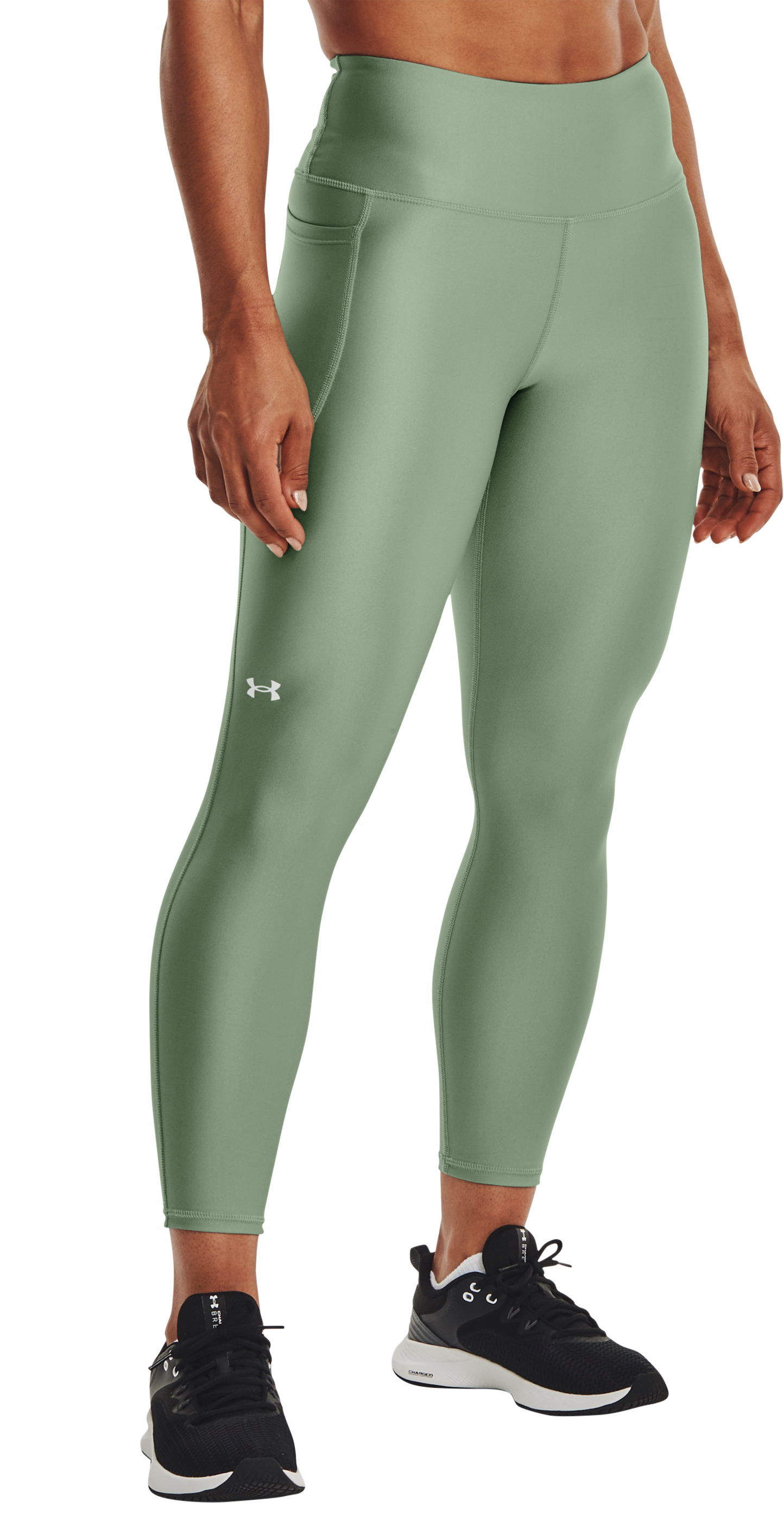 Image of Under Armour HeatGear Armour No-Slip Waistband Ankle Leggings for Ladies - Silica Green/White - XS - Regular
