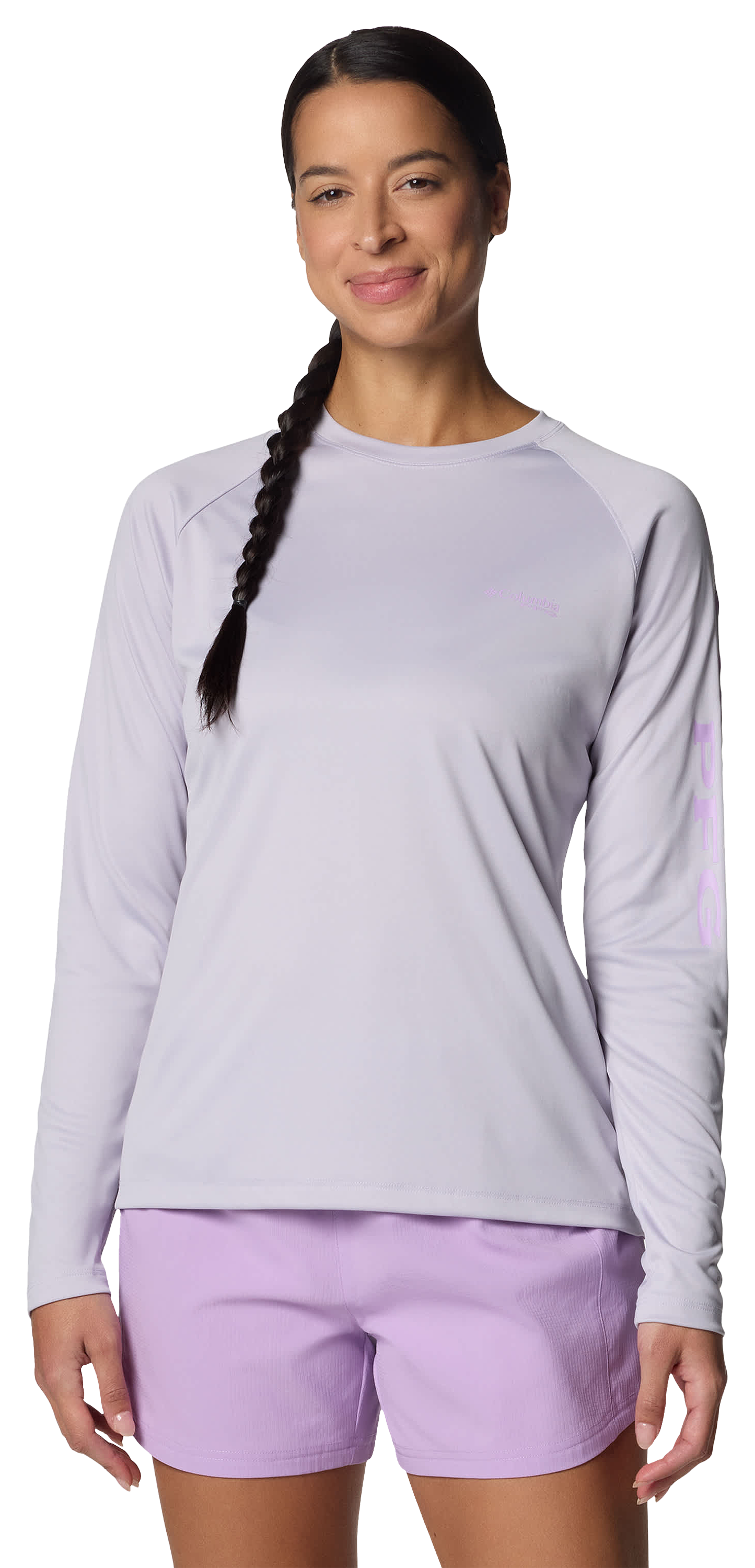 Image of Columbia PFG Tidal Tee II Long-Sleeve T-Shirt for Ladies - Lavender Pearl/Hydrangea Logo - XL