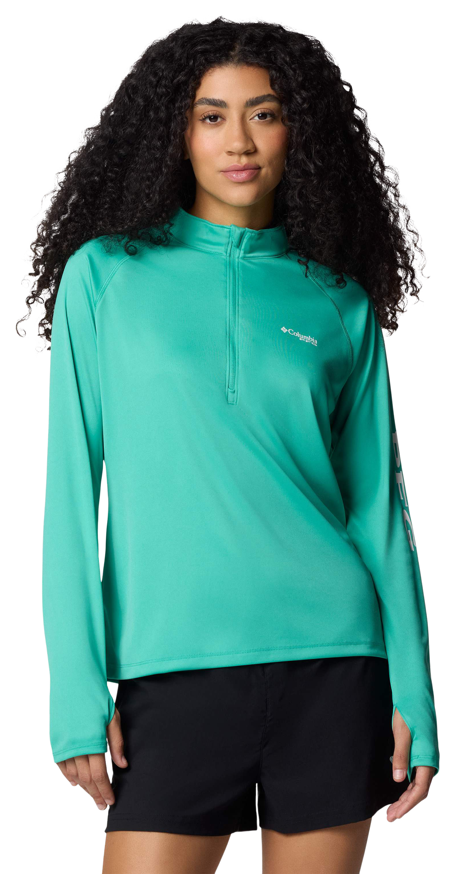 Image of Columbia PFG Tidal Tee Quarter-Zip Long Sleeve Shirt for Ladies - Glaze Green/White Logo