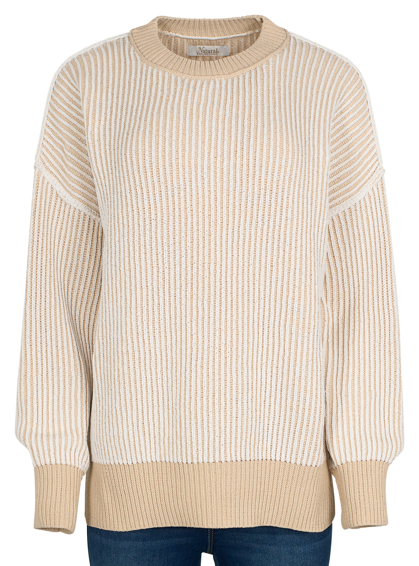 Image of Natural Reflections Campfire 2-Tone Crew-Neck Long-Sleeve Sweater for Ladies - Tan/Birch - XL