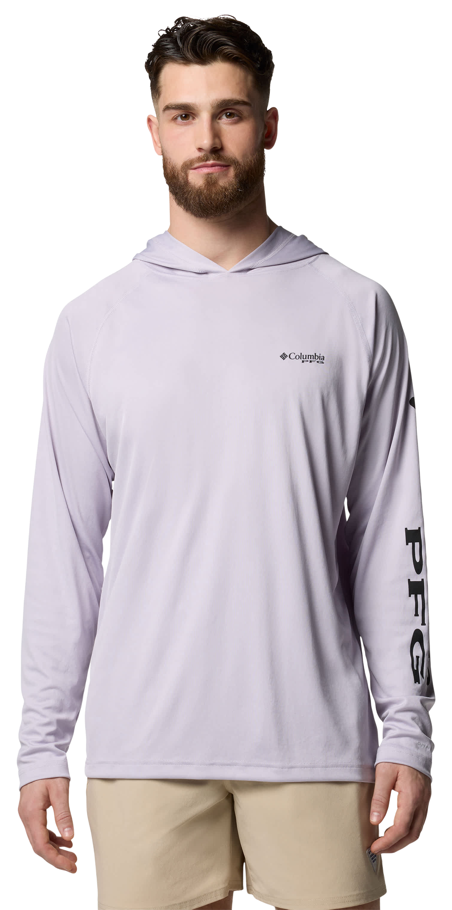 Image of Columbia PFG Terminal Tackle Long-Sleeve Hoodie for Men - Lavender Pearl/Black Logo - 6X
