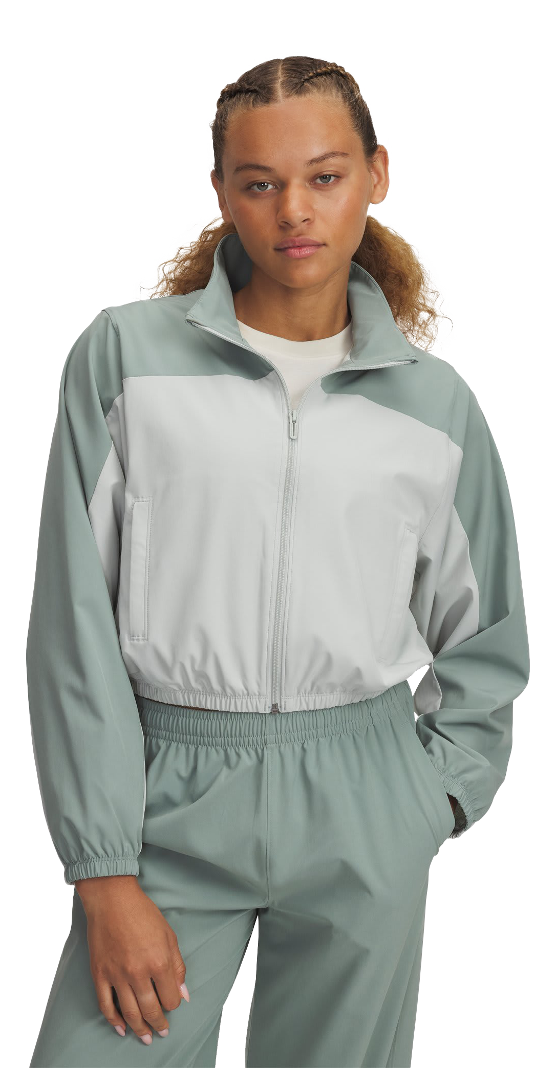 Image of Under Armour Rival Woven Crop Jacket for Ladies - Silica Green/Hydro Green/Black - SM