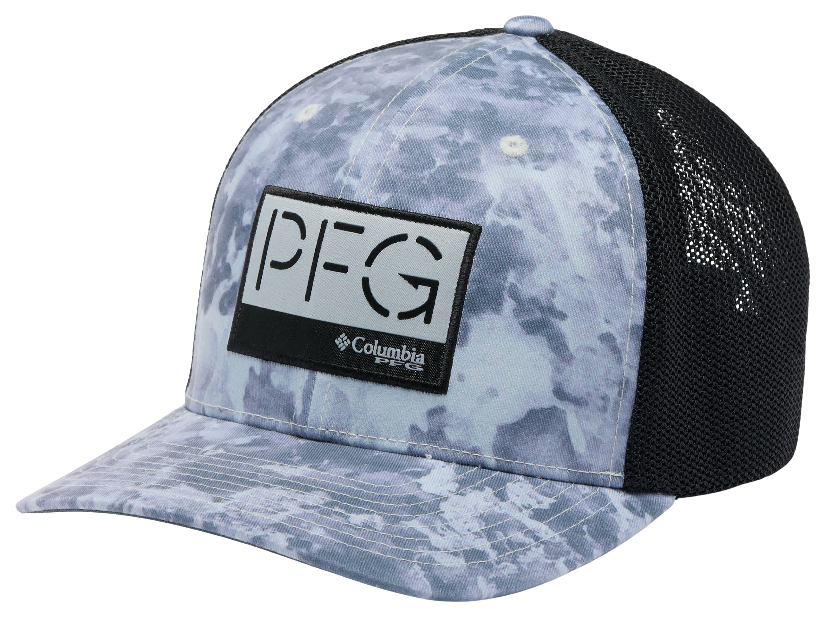 Image of Columbia PFG Spaced Logo Mesh Ball Cap - Cool Grey Seamoss Print - L/XL