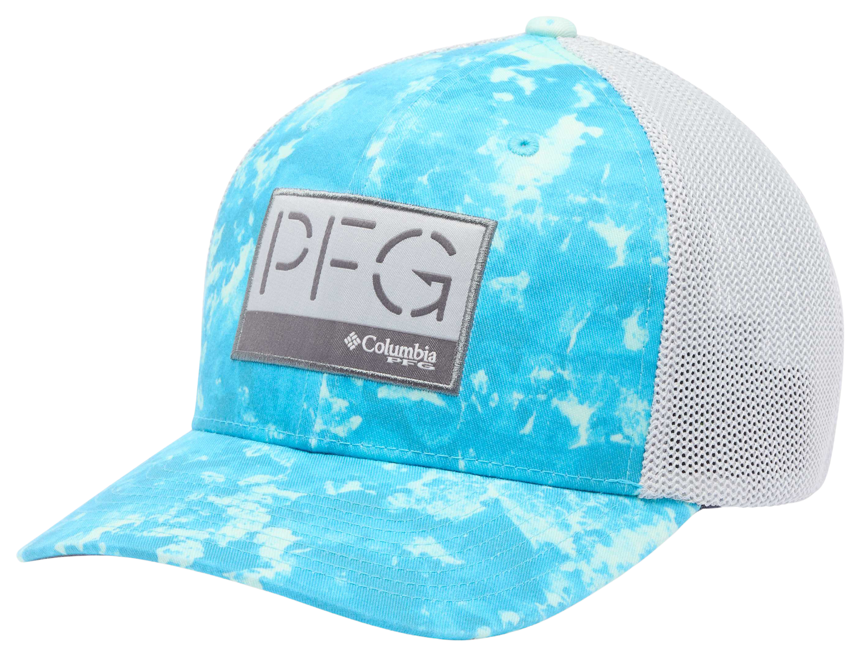 Image of Columbia PFG Spaced Logo Mesh Ball Cap - Blue Echo Seamoss Print - L/XL