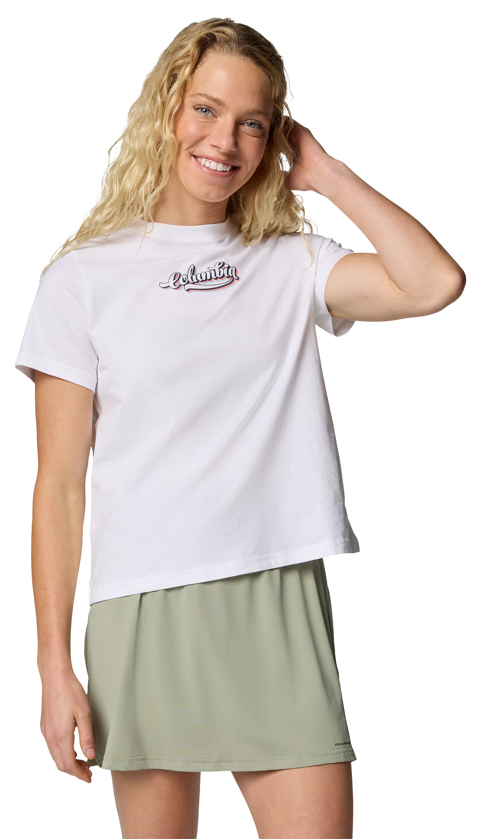 Image of Columbia Rolling Bend Elevated Script Logo Short-Sleeve Shirt for Ladies - White/Elevated Script - L