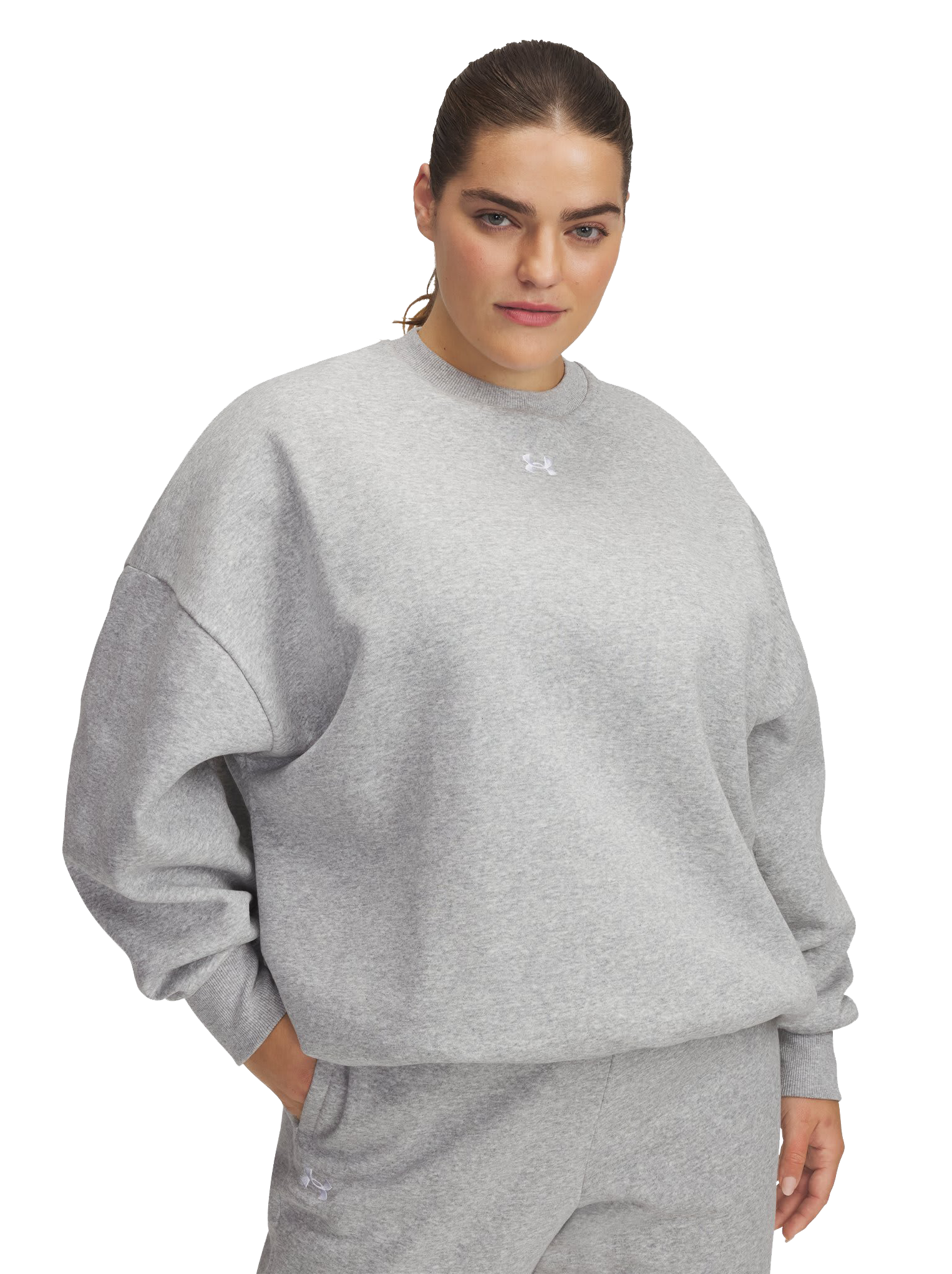 Image of Under Armour Rival Fleece Oversized Crew-Neck Long-Sleeve Sweatshirt for Ladies - Mod Gray Light Heather/White - 3X