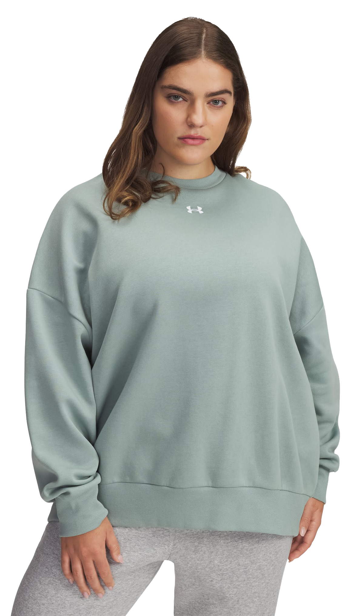 Image of Under Armour Rival Fleece Oversized Crew-Neck Long-Sleeve Sweatshirt for Ladies - Silica Green/White - 3X