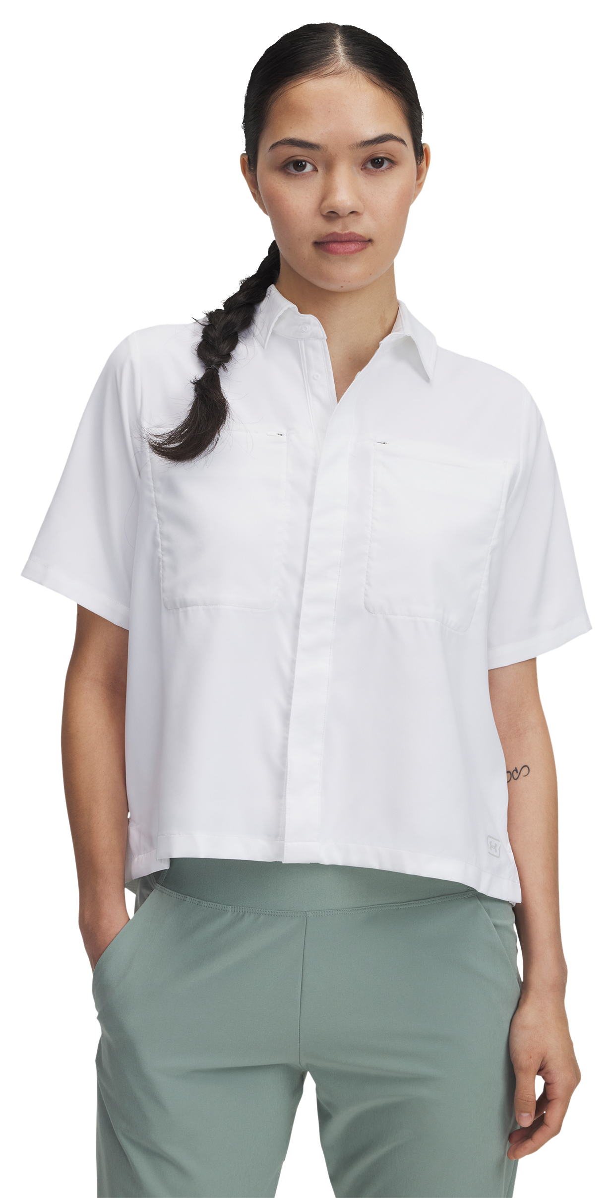 Image of Under Armour Fish Pro Hybrid Short-Sleeve Shirt for Ladies - White/Halo Gray