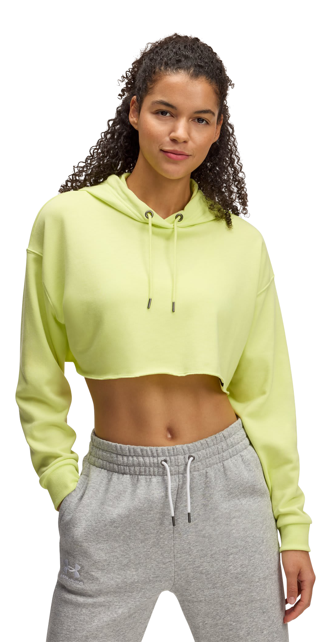 Image of Under Armour Icon Terry Crop Long-Sleeve Hoodie for Ladies - Sonic Yellow/White - SM