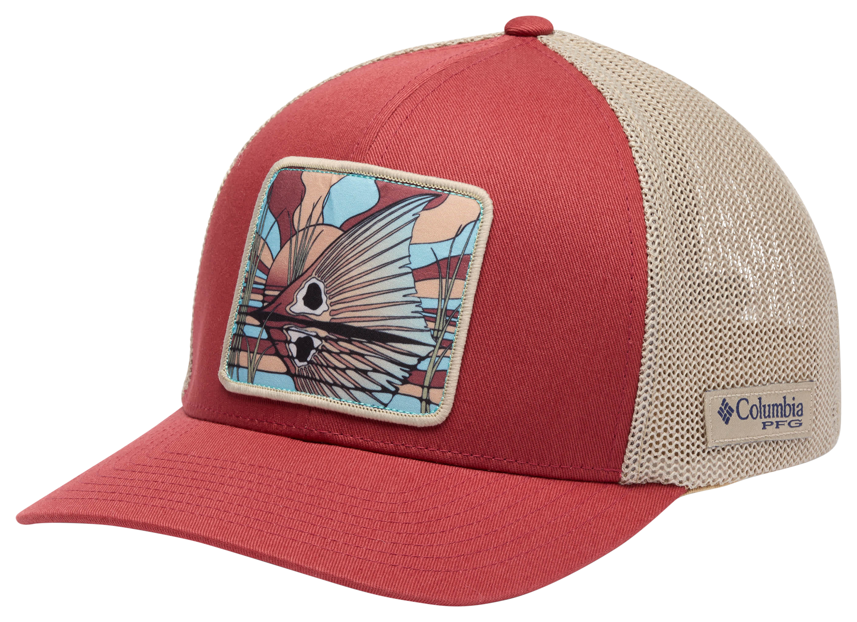 Image of Columbia PFG Redfish Patch Mesh-Back Ball Cap - Dusty Crimson/Fossil/Redfish Shine - L/XL