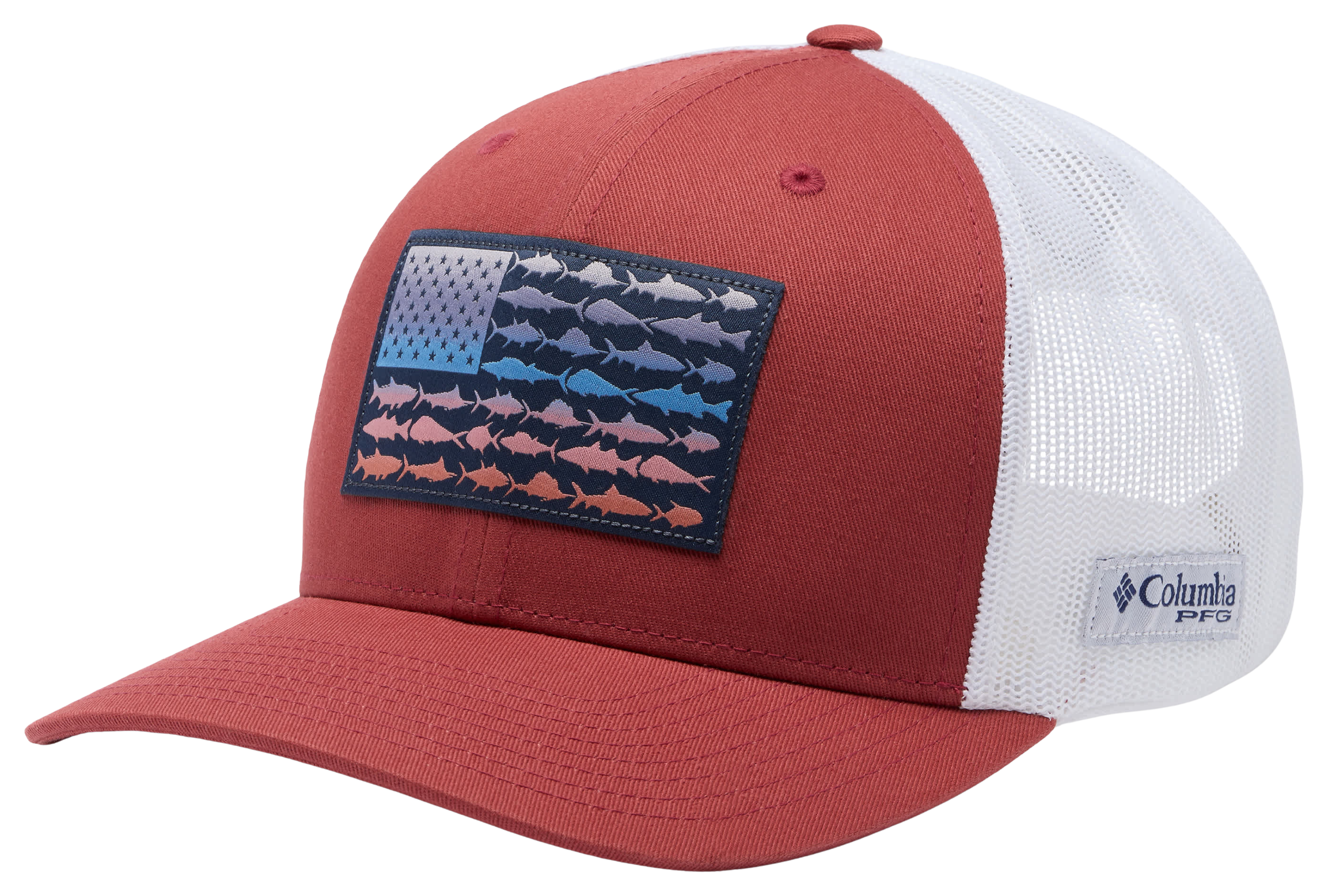 Image of Columbia PFG Mesh Snapback Fish Flag Ball Cap - Dusty Crimson/White/Fish Flag