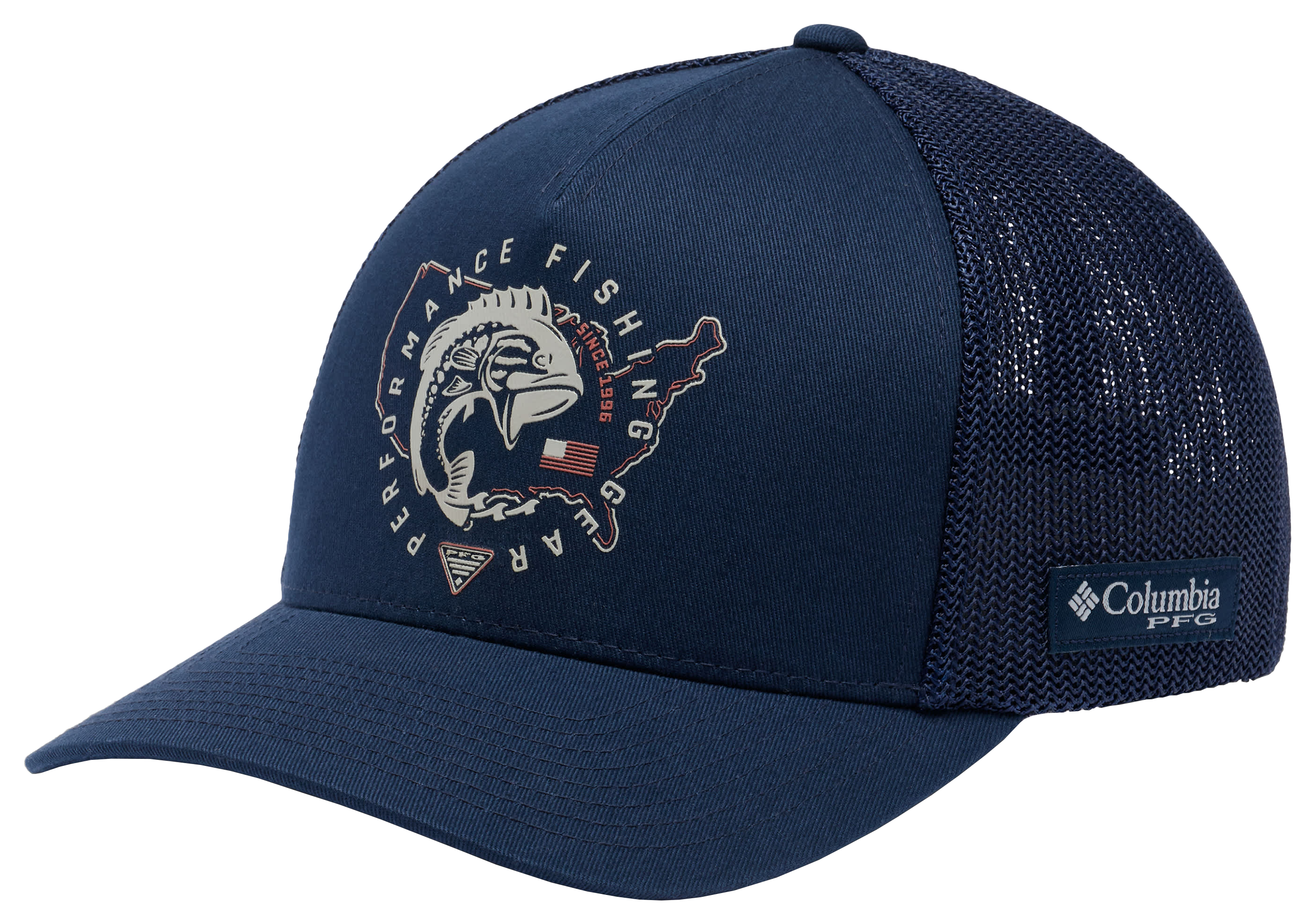 Image of Columbia PFG Statetriot Bass Graphic Mesh-Back Ball Cap - Collegiate Navy/PFG Pride USA - L/XL