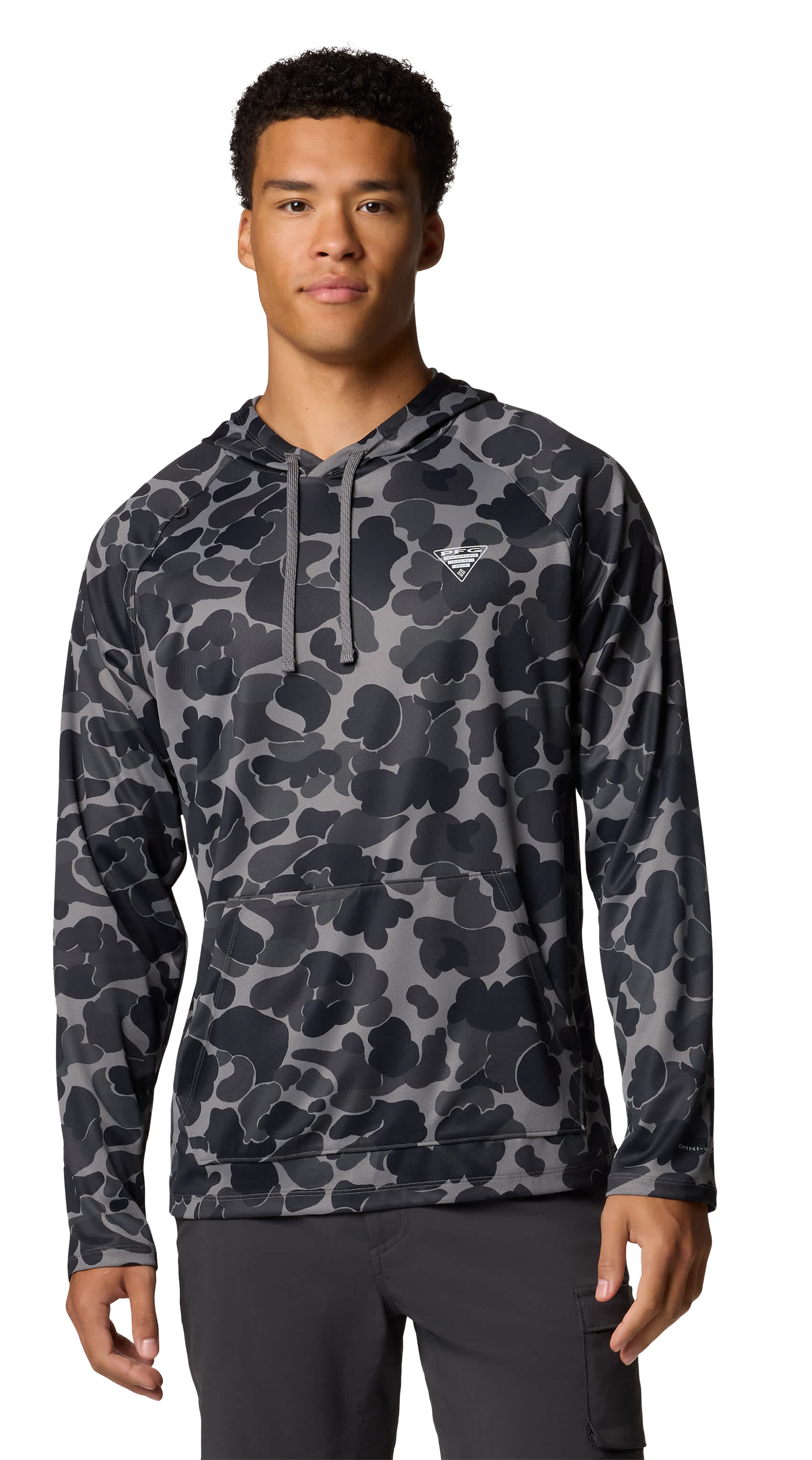 Image of Columbia PFG Wild Cast Camp Hoodie for Men - Black Deltahunter Camo - L