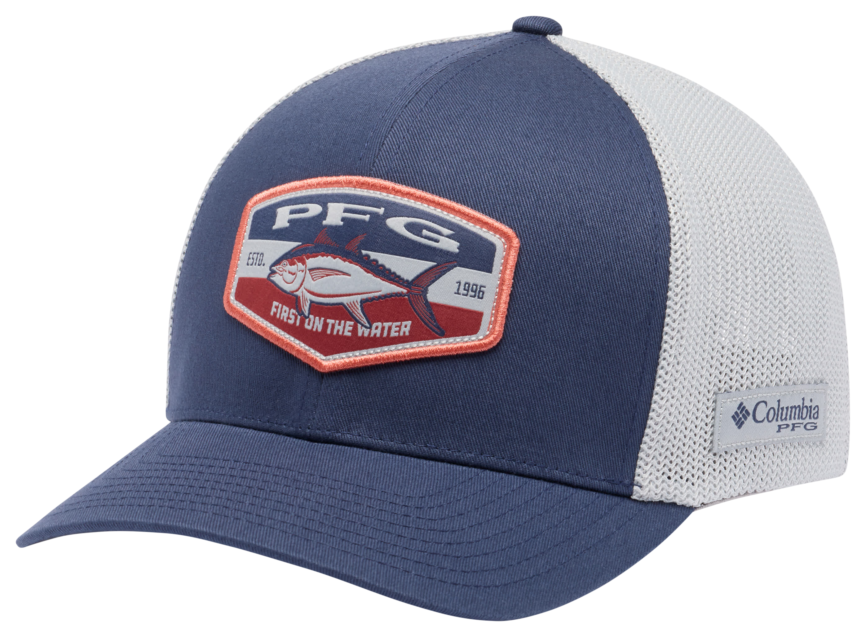 Image of Columbia PFG First on the Water Patch Mesh-Back Ball Cap - Nocturnal/Cool Grey/Big Badge Tuna - L/XL