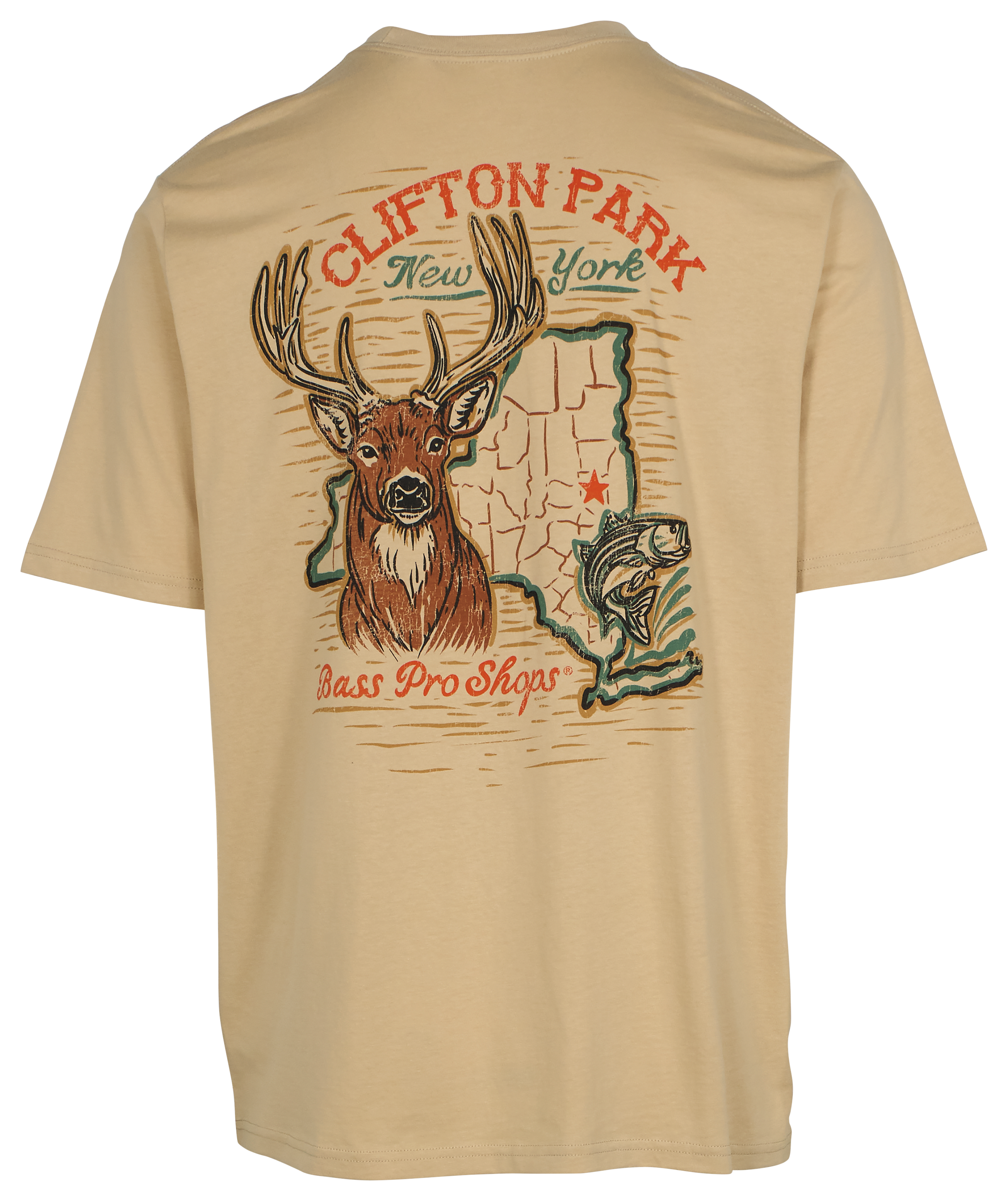 Image of Bass Pro Shops Clifton Park New York Outline Short-Sleeve T-Shirt for Men - Sand
