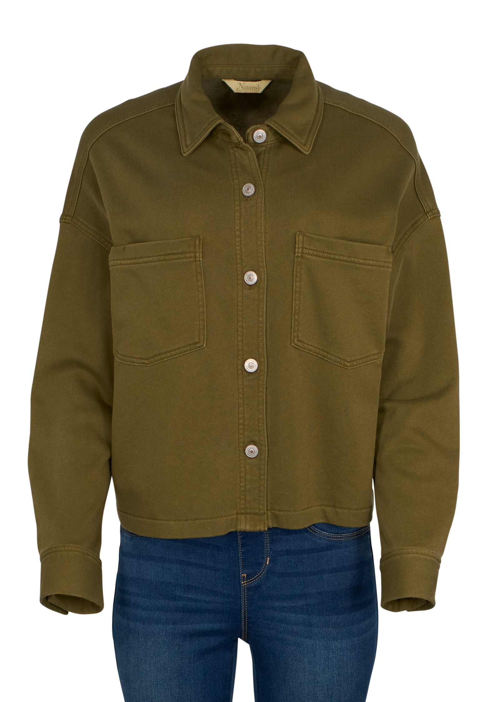 Image of Natural Reflections Cropped Knit Shirt Jacket - Stuffed Olive - XL