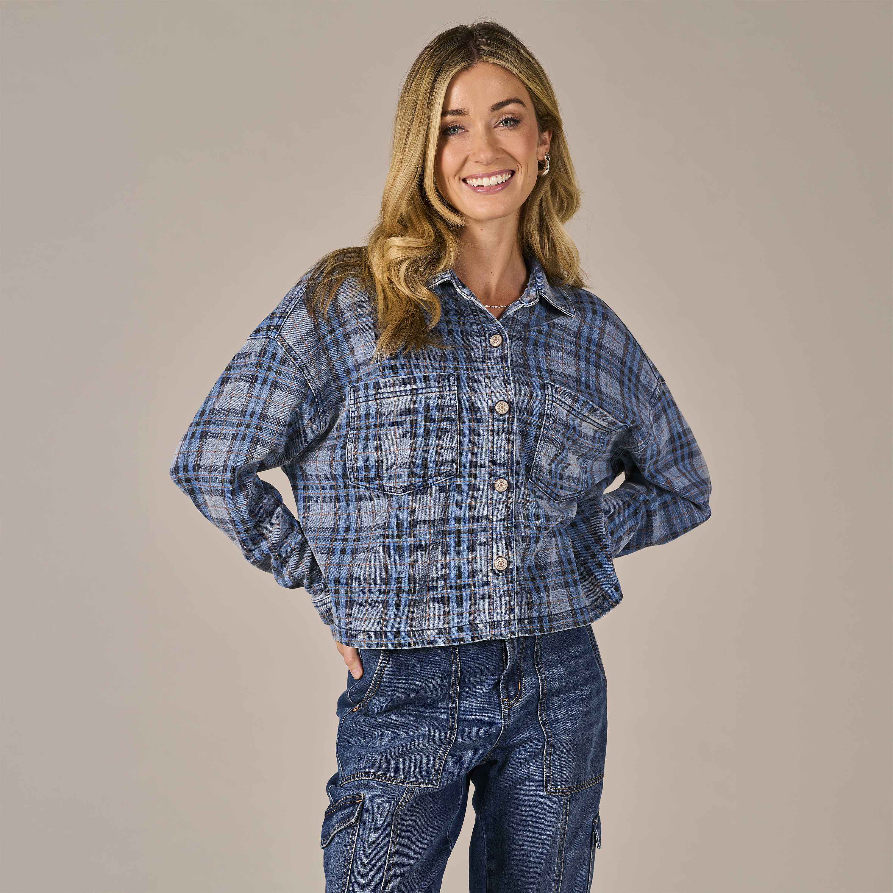 Image of Natural Reflections Cropped Knit Shirt Jacket - Indigo Plaid - XXL