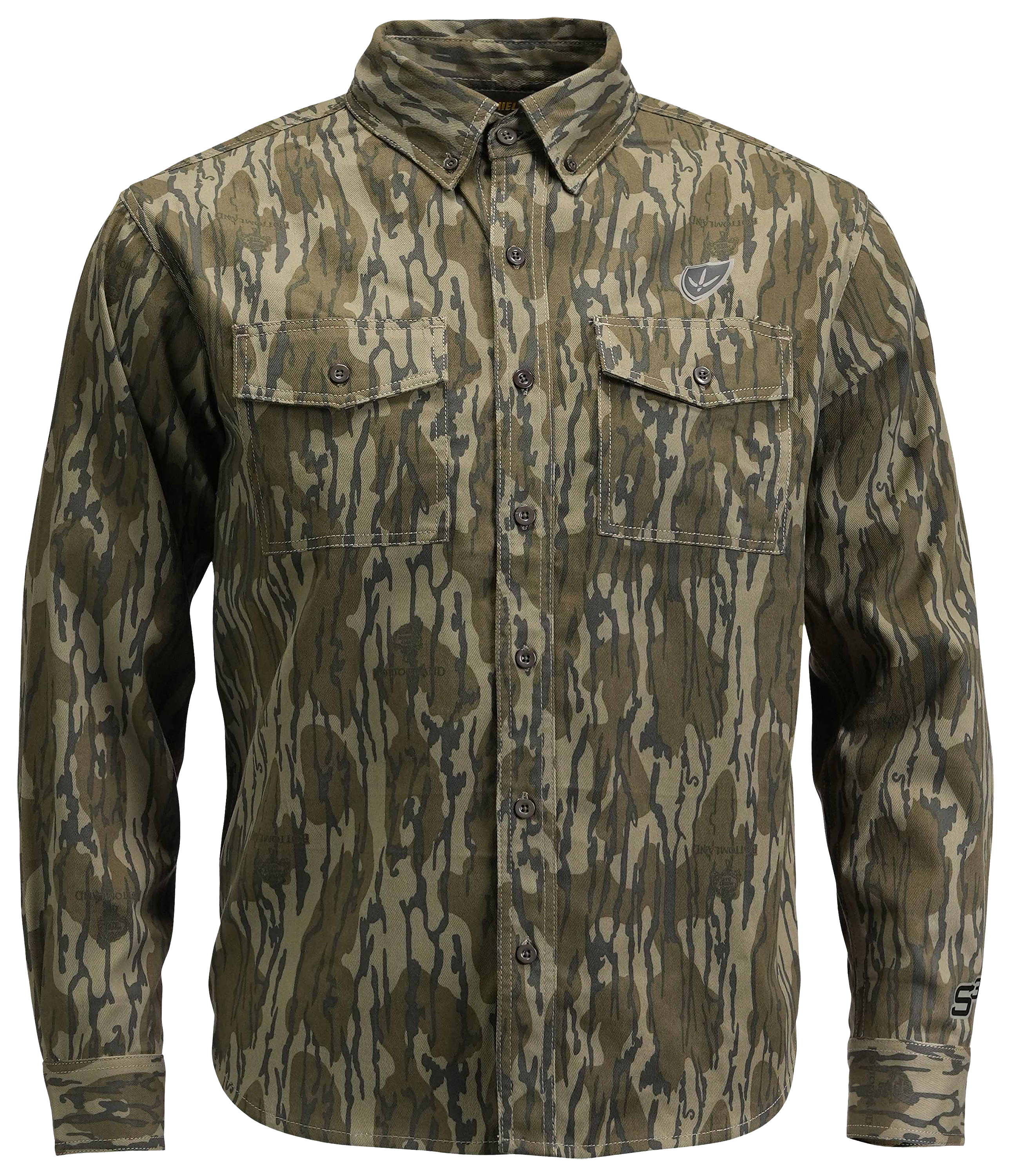 Image of Blocker Outdoors Finisher Fused Cotton Field Long-Sleeve Button-Down Shirt for Men - Mossy Oak Bottomland