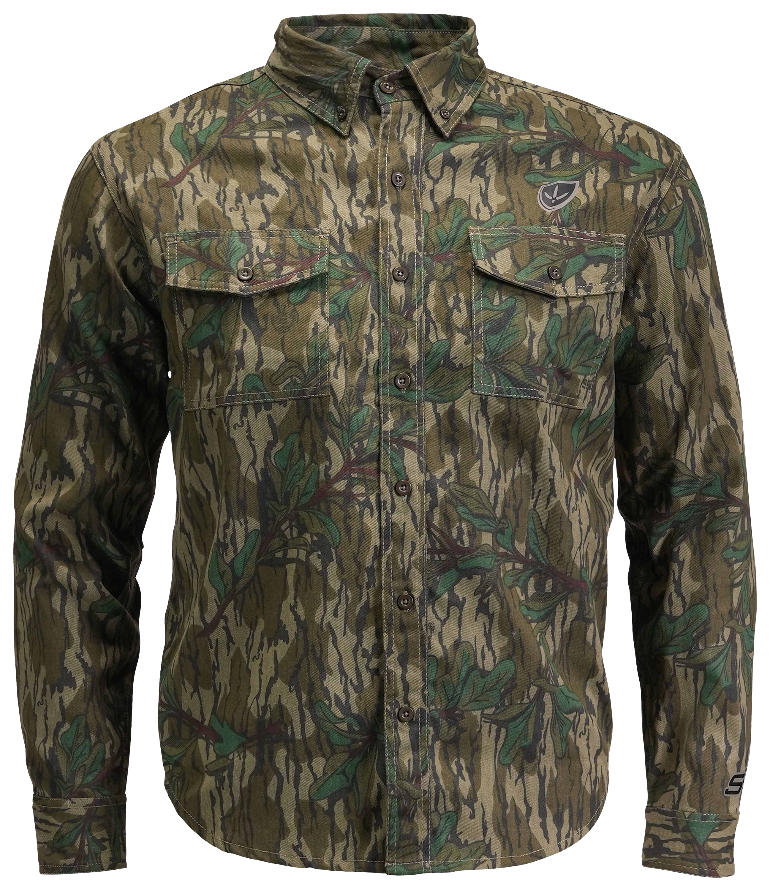 Image of Blocker Outdoors Finisher Fused Cotton Field Long-Sleeve Button-Down Shirt for Men - Mossy Oak Greenleaf