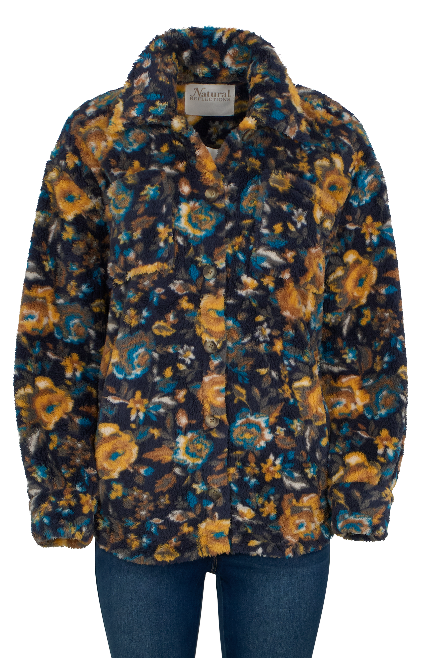 Image of Natural Reflections Sherpa Shirt Jacket - Navy Floral - M