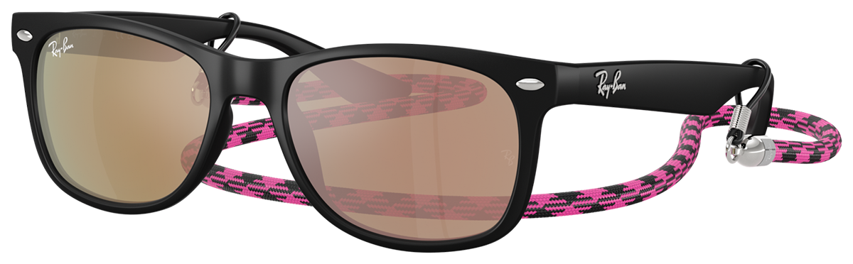 Image of Ray-Ban Jr. New Wayfarer Kids Summer Capsule RJ9052S Mirror Sunglasses for Kids - Polished Rubber Black/Pink Mirror