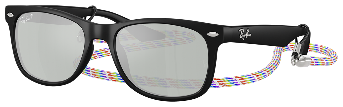 Image of Ray-Ban Jr. New Wayfarer Kids Summer Capsule RJ9052S Mirror Sunglasses for Kids - Polished Rubber Black/Silver Mirror