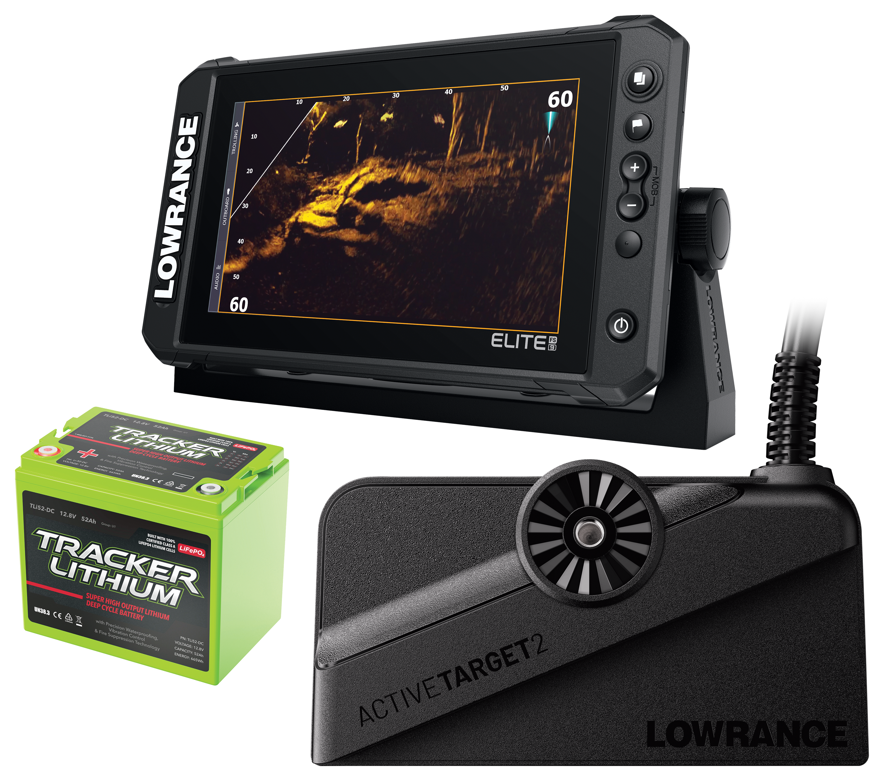 Lowrance Elite FS 12 Fish Finder/Chartplotter with TotalScan Transducer, ActiveTarget 2 Live Sonar, Deep Cycle Battery Bundle
